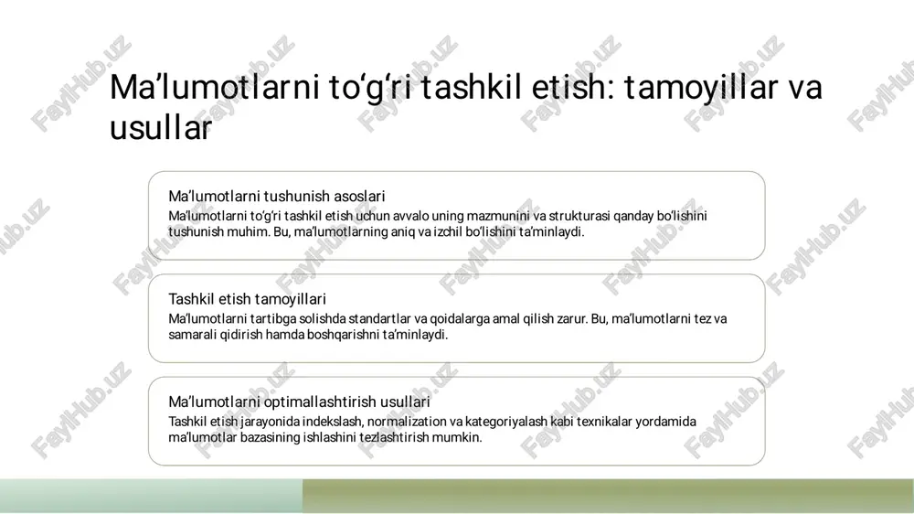 ish va filtrlayish usullari ms accessda� ma’lumotlarni qidirish usullari� msaccessdama’lumotlarni qidirish uchun "qidiruv" funksiyalari vafiltrlash imkoniyatlari keng qo’llaniladi. bu usullar yordamidakerakli yozuvlarni tezda topishmumkin.� filtrlash imkoniyatlari� filtirlash yordamida foydalanuvchilar ma’lumotlar bazasidashartlargamosyozuvlarni ajratib oladilar, bu esama’lumotlarni samarali tahlil qilish imkonini beradi.� qidiruv algoritmlari� msaccessdamurakkab qidiruv uchunmaxsus algoritmlar va so’rovlar yoziladi, bu katta ma’lumotlar to’plamini tez vaaniq qidirish imkonini beradi.� indekslar va tartiblash� ma’lumotlarni indekslash va tartiblash orqali qidiruv jarayonini tezlashtirishmumkin, buma’lumotlar bazasining ishlash samaradorligini oshiradi.� ma’lumotlar bazasini optimallashtirish va tezlashtirish texnologiyalari� yuklamalarni indekslash� qidiruv va filtrlar� jadval va so’rovlarni optimallashtirish� ma’lumotlar bazasida indekslar, qidiruv va yozish jarayonlarini tezlashtiradi. to'g'ri indekslar tanlash, umumiy ish faoliyatini sezilarli darajada yaxshilaydi.� ma’lumotlarni qidirish vafiltrlayish uchun optimallashtirilgan usullar, masalan, indekslar vaqidiruv algoritmlari, tezlikni oshiradi vama’lumotgakirishni soddalashtiradi.� jadval strukturalarini va so’rovlarni optimallashtirish, resurslarni samarali ishlatish va ishlash tezligini oshirish uchunmuhim. bu texnologiyalar ma’lumotlar bazasining samaradorligini ta’minlaydi.� msaccessdama’lumotlar bilan ishlashda xavfsizlik va ruxsatnomalar� 1 ma’lumotlarni shifrlash� msaccessdama’lumotlarni shifrlash …