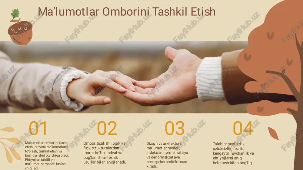 msaccessda qulay interfeysorqali tezdama’lumotlarni o‘zgartirish mumkin. to‘g‘ri yozish va shartli yangilashlar ma’lumotlarning to‘g‘ril igi va konsistensiyasini ta’minlaydi.� ma’lumotlarni o’chirish jarayoni: 'delete' funksiyasi va shartli so‘rovlar yordamidama’lumotlarni ehtiyotkorlik bilan o‘chish. ehtiyot choralari, zaxira nusxa olish va ehtimoliy xatoliklarni oldini olish muhim.� photo by ahmed on unsplash� so’rovlar yaratish� msaccessdasturida so’rovlar qanday yaratilishi va ularning ma’lumotlarni filtrlashdagi roli haqida qisqachama'lumot.� so’rovlar nima va ularning ahamiyati� so’rovlar - ma’lumotlar bazasidan ma’lumotlarni tez va aniq olish uchun ishlatiladigan vositadir. ular ma’lumotlarni tahl il qil ishdamuhim rol o’ynaydi.� msaccess’da so’rov yaratish jarayoni� msaccess’da so’rov yaratish uchun avvalo 'yaratish' bo’limidan 'so’rov dizayni'ni tanlaymiz. keyin, jadval va shartlarni belgilab, so’rovni saqlaymiz.� filtrlash usullari� yosh 30 dan kichik yoki shahar nomi 'toshkent' bo’lgan yozuvlarni filtrlash uchun where shartidan foydalanamiz, misol uchun: where yosh<30.� amaliy misollar va tavsiyalar� ma’lumotlarni filtrlash uchun murakkab so’rovlar yozish va natijalarni tahlil qilishda tavsiyalar beriladi. masalan, vaqt oralig’iga qarab filtrlash.� hisobotlar tashkil etish� nima� …