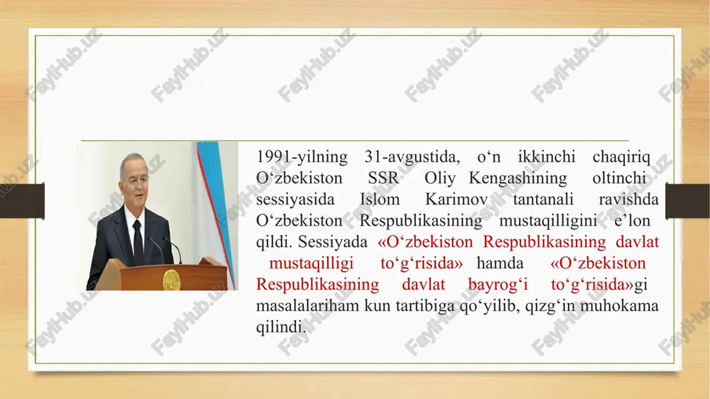 ni ham aytish kerakki, jahonda hamma mamlakatbop ijtimoiy-iqtisodiy rivojlanishning tamoyillari, barcha uchun tavsiya etish lozim bo‘lgan tayyor andozalari hech qachon bo‘lmagan va bo‘lmaydi ham. shuni ham aytish kerakki, jahonda hamma mamlakatbop ijtimoiy-iqtisodiy rivojlanishning tamoyillari, barcha uchun tavsiya etish lozim bo‘lgan tayyor andozalari hech qachon bo‘lmagan va bo‘lmaydi ham. yana shuni ta’kidlash darkorki, o‘zbekiston o‘z mustaqilligini qo‘lga kiritgan paytda mamlakat ichkarisida bo‘lgani kabi uning tashqarisida ham unga ishonmaydigan, shubha bilan qaraydiganlar bor edi. hatto sobiq markazdagi ayrim «bashorat»chi o‘zbekistonga nisbatan «o‘zlaringni mustaqil boshqarishga, mustaqil davlat qurishga qodir emassizlar», «sizlar mute, qaram xalqsizlar», «sizlar uchun biz fikrlaymiz, nazariya yaratamiz, sizlar esa bajarasizlar, xolos» deb shovinistlarcha g‘arazgo‘ylik qilsa, mamlakat ichkarisidagi ayrim toifalar o‘rtasida «endi o‘zbekiston qanday yo‘ldan boradi? qanday jamiyat quradi? markazsiz yashay oladimi? respublikada ijtimoiy-siyosiy barqarorlik ta’minlanadimi?» - qabilidagi savollar paydo bo‘lgan edi. unga har kim o‘zicha javob qidirar edi. hali sobiq ittifoq mavjud bo‘lgan davrda i.karimov respublika rahbarligiga (1989-yil, iyun) kelgan …