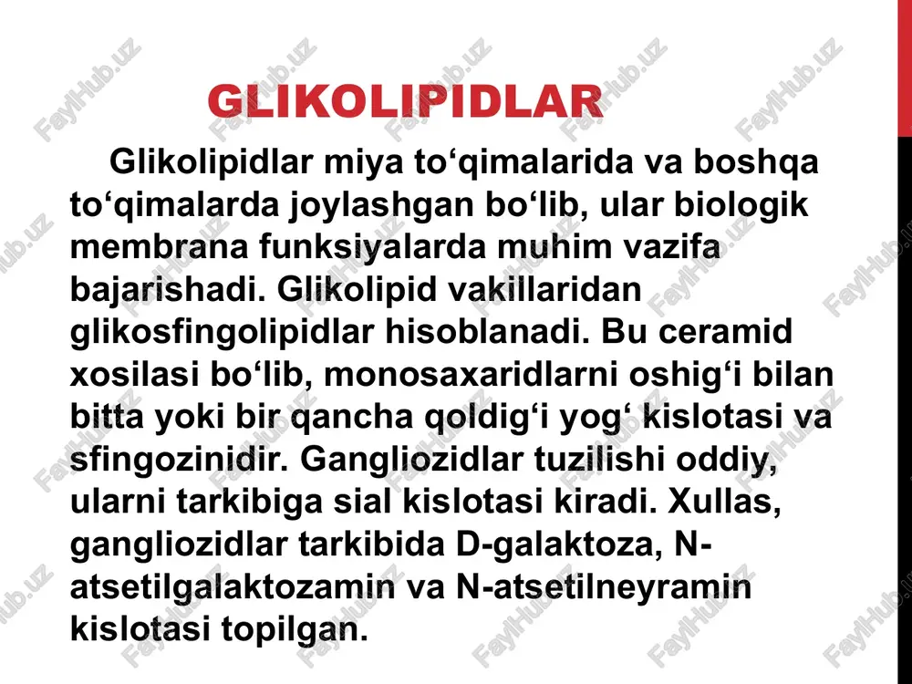 a o‘tishi 2.xolesterin esterifikatsiyasi 3.xolesterinni gormonlar, o‘t kislotalar va vitamin d sintezida ishlatilishi lipidlar almashinuvining buzilishi lipidlar almashinuvining buzilishlari orttirilgan tug'ma neytral yog'lar almashinuvi patologiyasi xolesterol almashinuvi patologiyasi dislipopro-teinemiya sfingoli-pidozlar semirish jigarni yog' bosishi o't-tosh kasalligi ateroskleroz semizlik yog’larning to’planishi (semizlik) alimentar faktor: iste’mol qilingan ovqatning kaloriyasiga nisbatan sarflanayotgan energiya tengligi buzilgan holda. natijada yog‘lar to‘planib semizlik vujudga keladi. gipotalamus shikastlanganda: ma’lumki yog‘lar almashinuvі gormonal boshqaruvga ega va gipotalamus shikastlanganda ishtaha markazi boshqarishi buzilib ochqofatlik holatlari kuzatiladi, ko‘p ovqat iste’mol qilish semirishga sabab bo‘ladi. irsiy semizlik: ma’lumki ota–ona semizlikka moyil bo‘lsa, genetik axborotga ko‘ra farzandlari ham moyil bo‘ladi. bu irsiy axborot dominant xususiyatiga ega. me’yoridan ko‘p uglevodlar iste’mol qilish: energiya manbai sifatida asosan uglevodlar sarflanib yog‘lar zahirasi ortadi. shu bilan birga uglevodlar iste’mol qilish doimo insulin ishlab chiqarishga majbur qiladi va bu gormon yog‘larning zahirada to‘planishiga sababchi bo‘ladi. qalqonsimon bezning gipofunksiyasi: qalqonsimon bez ishlab chiqaradigan gormonlar umumiy modda almashinuvini boshqaradi …