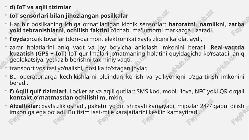 ukni kamaytirishning eng tez natija beruvchi yo‘nalishidir. d) co₂ emissiyasini monitoring qilish va raqamli hisobotlar logistika kompaniyalari har bir jo‘natmaning karbon izini aniqlaydigan analitik tizimlardan foydalanmoqda. natijada:• har bir yetkazib berishning ekologik ta’siri aniq ko‘rinadi, so‘m yoki gram co₂ bo‘yicha real vaqt hisobotlar yaratiladi, karbon kompensatsiya dasturlari (daraxt ekish, yashil energiya) yo‘lga qo‘yiladi, mijozlar “yashil yetkazib berish” opsiyasini tanlay oladi bu operatorlarga ekologik strategiyasini aniq rejalashtirish imkonini beradi. e) parcel locker va pick-up point tarmoqlari (ooh – out of home) locker tizimlari 100–200 ta jo‘natmani bitta nuqtaga jamlashga imkon beradi. natijada: har bir posilka uchun alohida manzilga borish zarurati kamayadi, co₂ chiqindilari va yoqilg‘i sarfi qisqaradi, qayta yetkazishlar (redelivery) kamayadi, shahar tirbandligi va harakat intensivligi pasayadi. lockerlar barqaror last-mile jarayonining eng iqtisodiy va ekologik yechimlaridan biridir. f) raqamlashtirish va qog‘oz iste’molini kamaytirish elektron hujjatlar, qr kodli qabul qilish, mobil imzo va onlayn yuk xatlari keng qo‘llanmoqda. natijada: qog‘oz sarfi sezilarli …