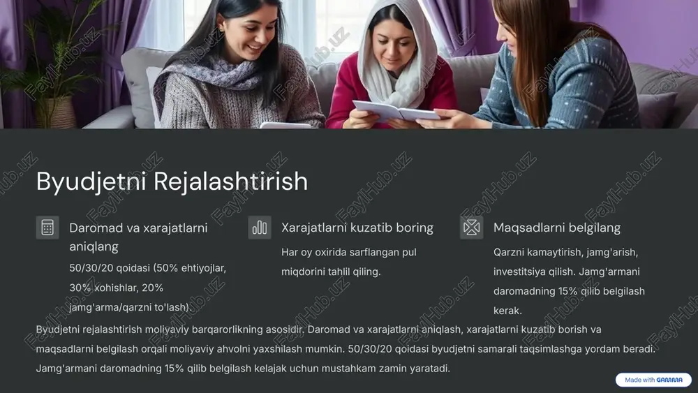 erishish uchun reja tuzish orqali moliyaviy erkinlikka erishish mumkin. qarzni to'g'ri boshqarish va moliyaviy savodxonlik orqali kelajak uchun mustahkam zamin yaratish mumkin. ‹#› image6.png image3.png image11.png image19.png image20.png image1.png image4.png image18.png image2.png image17.png image28.png image22.png image38.png image32.png image27.png image26.png image35.png image21.png image40.png image29.png image34.png image31.png image25.png image41.png image37.png image24.png image33.png image36.png image30.png image23.png image39.png