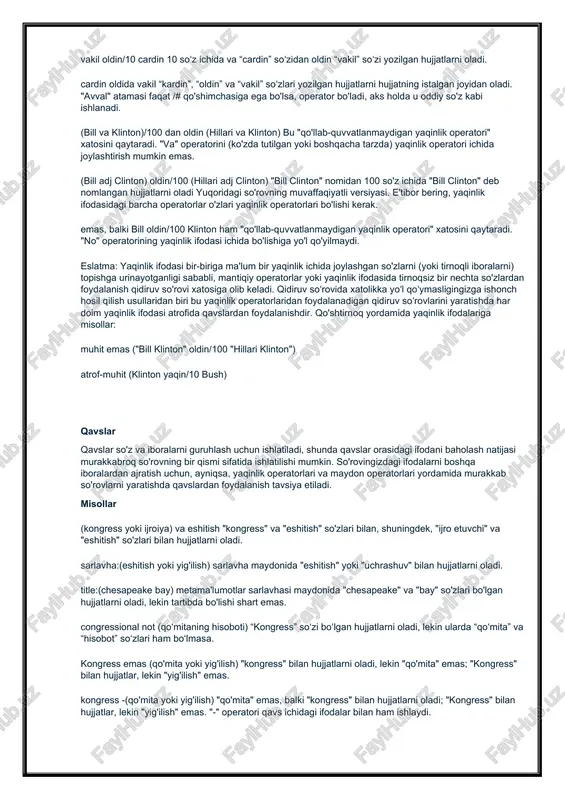 llab-quvvatlanmaydigan yaqinlik operatori" xatosini qaytaradi. "no" operatorining yaqinlik ifodasi ichida bo'lishiga yo'l qo'yilmaydi. eslatma: yaqinlik ifodasi bir-biriga ma'lum bir yaqinlik ichida joylashgan so'zlarni (yoki tirnoqli iboralarni) topishga urinayotganligi sababli, mantiqiy operatorlar yoki yaqinlik ifodasida tirnoqsiz bir nechta so'zlardan foydalanish qidiruv so'rovi xatosiga olib keladi. qidiruv soʻrovida xatolikka yoʻl qoʻymasligingizga ishonch hosil qilish usullaridan biri bu yaqinlik operatorlaridan foydalanadigan qidiruv soʻrovlarini yaratishda har doim yaqinlik ifodasi atrofida qavslardan foydalanishdir. qo'shtirnoq yordamida yaqinlik ifodalariga misollar: muhit emas ("bill klinton" oldin/100 "hillari klinton") atrof-muhit (klinton yaqin/10 bush) qavslar qavslar so'z va iboralarni guruhlash uchun ishlatiladi, shunda qavslar orasidagi ifodani baholash natijasi murakkabroq so'rovning bir qismi sifatida ishlatilishi mumkin. so'rovingizdagi ifodalarni boshqa iboralardan ajratish uchun, ayniqsa, yaqinlik operatorlari va maydon operatorlari yordamida murakkab so'rovlarni yaratishda qavslardan foydalanish tavsiya etiladi. misollar (kongress yoki ijroiya) va eshitish "kongress" va "eshitish" so'zlari bilan, shuningdek, "ijro etuvchi" va "eshitish" so'zlari bilan hujjatlarni oladi. sarlavha:(eshitish yoki yig'ilish) sarlavha maydonida …