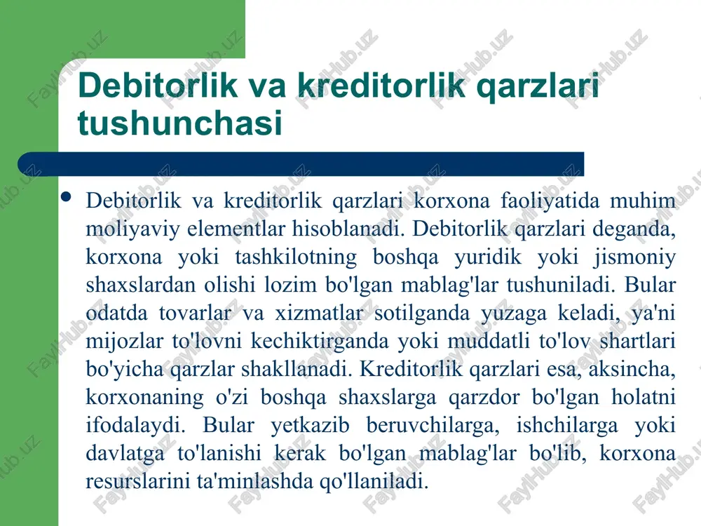 i.muddati o'tgan qarzlar korxonaning moliyaviy qiyinchiliklarini ko'rsatadi va ularni tahlil qilishda korxonaning balansida alohida ko'rsatilgan qarzlarni o'rganish zarur. xulosa kreditorlik qarzlarini tahlil qilish korxonaning moliyaviy mustahkamligini aniqlashga yordam beradi va uning tarkibi, qisqa va uzoq muddatli majburiyatlari hamda to'lov intizomi orqali batafsil baholanadi. tarkib korxonaning majburiyatlarining turli qismlarini ko'rsatadi va uning faoliyatiga mosligini belgilaydi. qisqa muddatli majburiyatlar likvidlikni, uzoq muddatlilar esa solvenslikni baholaydi, ularni taqqoslash esa moliyaviy strategiyani ochib beradi. to'lov intizomi va muddati o'tgan qarzlar korxonaning obro'si va risklarini ko'rsatadi. foydalanilgana adabiyotlar o‘zbekiston respublikasi soliq kodeksi. https://lex.uz o‘zbekiston respublikasi fuqarolik kodeksi: majburiyatlar va hisob-kitoblar bo‘limi. o‘zbekiston respublikasi statistika agentligi: korxonalar moliyaviy ko‘rsatkichlari bo‘yicha yillik ma’lumotlar. https://stat.uz shodmonov sh., yusupov m. iqtisodiy tahlil asoslari. toshkent: “moliyachi”, 2021. abdukarimov b., xoshimov a. moliyaviy tahlil. toshkent: “fan”, 2020. image1.jpeg image2.png /docprops/thumbnail.jpeg