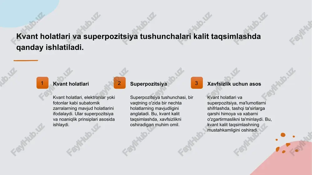 dunyo ilovalari orqali kvant kalit uzatish texnologiyalari 1 qadimgi texnologiyalar bilan taqqoslaganda - kvant kalit uzatish texnologiyalari, banklar va hukumatlar uchun yuqori darajadagi xavfsizlikni ta'minlaydi, chunki u potentsial tahdidlarga qarshi himoya qiladi. 2 amaliy ilovalar va tajribalar - hozirgi kunda kvant kalit uzatish texnologiyalari, banklar, moliyaviy institutlar va yirik korporatsiyalar tomonidan xavfsiz ma'lumot almashish uchun keng qo'llanilmoqda. 3 kelajakdagi rivojlanish imkoniyatlari - keng ko'lamli amaliyotlar va texnologik yangiliklar yordamida kvant kalit uzatish texnologiyalari, global miqyosda xavfsizlikni oshirish va keng joriy qilish imkoniyatiga ega bo'lmoqda. kvant kriptografiyasi asosida kalit taqsimlashning xavfsizlik afzalliklari 1 qachonlik xavfsizlik - kvant kriptografiyasi yordamida taqdim etiladigan kalitlar, bosimga yoki buzishga qarshi maksimal darajadagi xavfsizlikni ta'minlaydi, chunki u erkinlik va noaniqlik prinsiplariga asoslangan. 2 noaniqlik prinsipi - kvant holatlarining o'zgarishi va noaniqlik prinsipi, buzilish yoki kuzatuvlarni aniqlash imkonini beradi, shuning uchun potentsial tahdidlarga qarshi himoya kuchayadi. 3 qayta tekshirish imkoniyati - kvant kalitlarini uzatishda, har qanday buzilish …