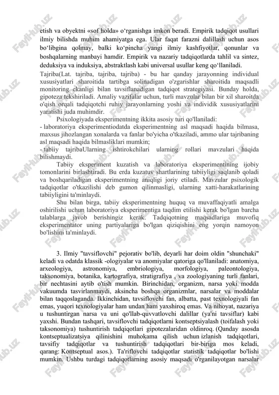 da emosional to‘lqinlanish jarayoni ham alohida ahamiyat kasb etadi, ya’ni olim o‘zining hissiyotlari orqali olamdan ancha yorqin taassurot olishnigina emas, balki u o‘zida bu to‘lqinlanish jarayonini ba’zan anglagan holatda, ayrim holatlarda esa anglamagan ravishda o‘tkazadi. shunday qilib, ilmiy-ijodiy faoliyat jarayonida hissiyot reproduktiv kuch hamda olamni ob’ektiv aks ettiruvchi, ayni bir vaqtda fanda yangilik yaratishga yordam beruvchi kuch sifatida ham aks etadi. 2. eksperiment – ilmiy tadqiqotning eng muhim va ancha mehnat talab bosqichi. eksperiment ishlari tasdiqlangan reja-programma va eksperiment metodikasiga muvofiq o‘tkaziladi. eksperimentga kirishilar ekan sinovlarni o‘tkazish metodikasi va ketma-ketligi tugal aniqlanadi. eksperimental tadqiqotlar o‘tkazish jarayonida quyidagi qator asosiy qoidalarga rioya qilish lozim; – eksperimentchi o‘lchash natijalariga sub’yektiv ta’sirga yo‘l qo‘ymay tadqiq etilayotgan jarayon yoki obyekt parametrining barcha tavsifini vijdonan qayd etishi lozim; – eksperimentchi ehtiyotsizligiga yo‘l qo‘yib bo‘lmaydi, chunki bu hol ko‘pincha katta xatolik va soxtalashtirishga, oqibatda, eksperimentlarni qayta takrorlashga olib keladi; – eksperimentchi kuzatish va o‘lchash daftarini albatta …