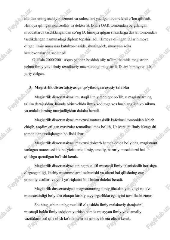`l-yo`riqlarini bilishidan dalolat beradi. magistrlik dnssertatsiyasi magistrantning ilmiy jihatdan yetukligi va o`z mutaxassisligi bo`yicha chuqur kasbiy tayyorgarlikka egaligini tavsiflashi zarur. shuning uchun uning muallifi o`z ishida ilmiy malakaviy darajasini, mustaqil holda ilmiy tadqiqot yuritish hamda muayyan ilmiy yoki amaliy vazifalarni xal qila olish ko`nikmalarini namoyish eta olishi kerak. nomzodlik dissertatsiyasidan farqli o`laroq, magistrlik dissertatsiyasi magistrning, ta’limiy-kasbiy darajasini qo`rsatadi. magistrlik dissertatsiyasi kafedradagi ilmiy rahbar tomonidan tasdiklangan, dissertatsiya masalasining nazariy jihatlari, muammolari, ilmiy va amaliy vaziflarni tahlil qilish va hal qilishni jamlagan xolda puxta o`ylab tuzilgan reja asosida yoziladi. magistrlik dissertatsiyasi magistrantning amaliyot o`tash davridagi o`rgangan tajribalari, xorijiy mamlakatlar tajribalarini o`rganib, me’yoriy va tashkilotlar xujjatlari, materiallaridan foydalanib, ularni o`rganishda orttirgan tajribalarini umumlashtirib, dissertatsiyasida ko`zda tutilgai masalalarni hal qilish yo`l-yo`riqlarini tavsiya etadi. magistrlik dissertatsiyalarini tayyorlashning umumiy talablari nomzodlik va doktorlik dissertatsiyalarini tayyorlashga o`xshaydi. dissertatsiya himoyaga taqdim etilganda avtoreferat tayyorlash, nashr, qildirish va tarqatish talab qilinmaydi. magistrlik dissertatsiyasiga qo`yiladigan asosiy talablardan biri uni qoidalar …