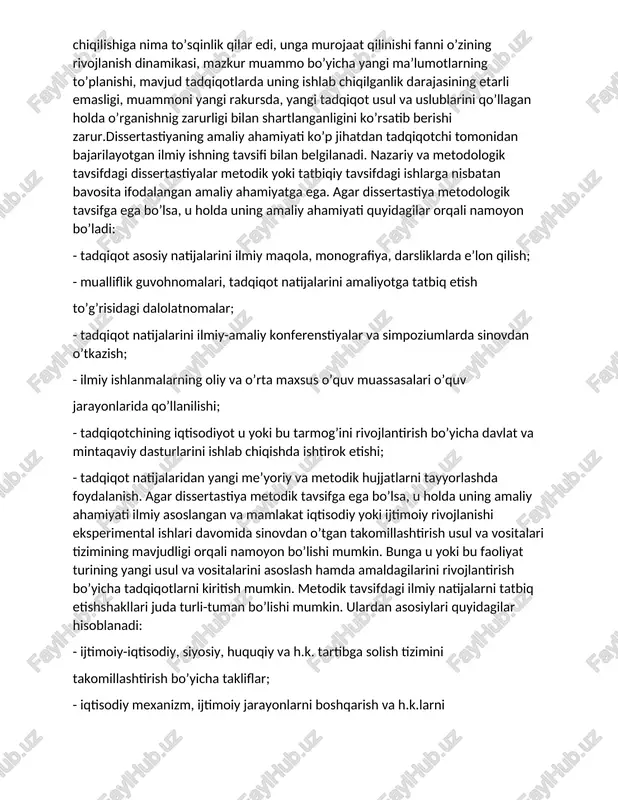 qoldiki, shunga ko’ra stil bilan tarkibiy tuzilmaning o’zi ham yangilik elementini tashkil etishi mumkin. masalan, ba’zida falsafiy, sostiologik, filologik dissertastiyalar postmodern stilida yozilib, bu ishning klassik tuzilishining nisbatan buzilishiga olib kelsada, biroq nisbatan original g’oyalarni bayon etishda ma’lum ustunlik baxsh etmoqda.mavzuning dolzarbligi – dissertastiyaga qo’yiladigan asosiy talablardan biri. odatda bu talab tadqiqotchining g’ashiga tegadi, chunki u tomonidan o’z ilmiy izlanishida majburan yoritilishi kerak bo’lgan, faqat rasmiy tavsifdagi talab sifatida qabul qilinadi. biroq, mavzuning dolzarbligi talabi salbiy narsa emas. u faqat ilmiy ishlarning bugungi kun fani holatiga, uning haqiqiy ehtiyojlariga muvofiqligini hamda dissertastiya ishini ahamiyatli muammolarni hal etishga yaroqliligini taqozo etadi. masalan, agar tadqiqotchi g’ildirakni ixtiro etish yoki falsafaning tamal toshini ochib berishga qaratilgan ishni yozmoqchi bo’lsa, bu tadqiqot, yumshoqroq qilib aytganda, dolzarb emas.mavzuning dolzarbligini asoslash kirish matnida bayon etilib, quyidagi aniq talablarga javob berishi lozim: birinchidan, tadqiqotchi kafedra (bo’lim) va ilmiy rahbarining ayni paytda aynan shu mavzuga murojaat qilishi sabablarini …