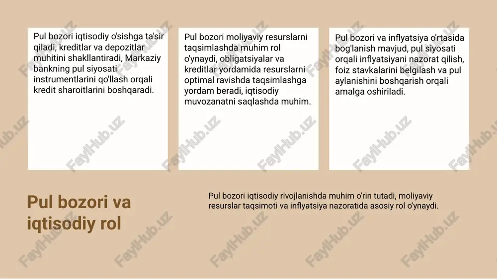 rlik, nazorat mexanizmlari, risklarni boshqarish va yuridik hamda siyosiy o'zgarishlar boshqaruvda asosiy rol o'ynaydi. boshqarish usullari: nazorat va tahlil pul bozori va moliyaviy munosabatlarni nazorat qilish uchun asosiy usullardan biri monitoring va auditdir. bu usullar yordamida bozordagi faoliyatni nazorat qilish va muammolarni erta aniqlash mumkin. nazorat usullari orasida statistik tahlil, moliyaviy ko'rsatkichlarni baholash va risklarni boshqarish metodlari mavjud. ular bozordagi barqarorlikni ta'minlash va iqtisodiy xavflarni kamaytirishga yordam beradi. tahlil qilish usullari esa, bozor tendensiyalarini va moliyaviy munosabatlarning rivojlanish yo'nalishini aniqlashga qaratilgan. bu usullar asosida strategik qarorlar qabul qilinadi va bozordagi o'zgarishlarga moslashiladi. samarali nazorat va tahlil uchun kompyuter texnologiyalari va statistik dasturlar keng qo'llaniladi. ular yordamida katta hajmdagi ma'lumotlarni tez va aniq tahlil qilish mumkin. risklarni boshqarish usullari moliyaviy munosabatlarda risklarni aniqlash jarayonida valyuta risklari va foiz stavkalarining o'zgarishi kabi misollar ko'rsatiladi. bu bosqichda risklar qanday aniqlanishi muhim. risklarni baholash uchun ehtimollik va statistik usullar qo'llaniladi. bu jarayon risklarning ehtimolligini …