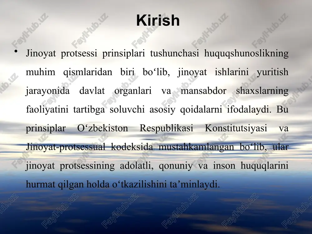 lari himoya huquqining kafolatlari jinoyat protsessida shaxsning eng muhim huquqlaridan biri bo‘lib, gumon qilinuvchi, ayblanuvchi va sudlanuvchini himoyalanish huquqi bilan ta’minlaydi. jinoyat-protsessual kodeksining 24-moddasiga ko‘ra, gumon qilinuvchi, ayblanuvchi va sudlanuvchi himoyalanish huquqiga ega bo‘lib, ularga o‘zini himoya qilish uchun barcha imkoniyatlar ta’minlanadi. xulosa jinoyat protsessining asosiy prinsiplari, xususan aybsizlik prezumpsiyasi, tortishuvlilik va tenglik, hamda himoya huquqining kafolatlari huquqiy tizimning asosini tashkil etadi. ular qonuniylikni ta’minlab, fuqarolarning huquq va erkinliklarini himoya qiladi, sud jarayonining adolatliligini oshiradi. bu prinsiplar jamiyatda huquqiy tartibni saqlashga, jinoyatlarning oldini olishga va inson huquqlarini hurmat qilishga xizmat qiladi. foydalanilgan adabiyotlar o‘zbekiston respublikasi konstitutsiyasi. toshkent: adolat nashriyoti. o‘zbekiston respublikasi jinoyat-protsessual kodeksi. toshkent: adolat nashriyoti. o‘zbekiston respublikasi “sudlar to‘g‘risida”gi qonuni. toshkent. o‘zbekiston respublikasi “prokuratura to‘g‘risida”gi qonuni. toshkent. karimov i.a. huquqiy davlat qurish yo‘lida. toshkent: o‘zbekiston, 2010. image2.png image3.png image4.png image5.png image6.png image1.jpeg /docprops/thumbnail.jpeg