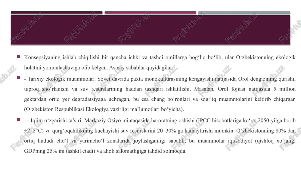 ejash va qayta tiklashni ta’minlaydi. o‘zbekiston suv, yer va mineral resurslarga boy bo‘lsa-da, ularning nooqilona ishlatilishi degradatsiyaga olib kelmoqda. konsepsiya bu yo‘nalishda quyidagi mexanizmlarni taklif etadi.birinchidan, suv resurslarini boshqarish takomillashtirilgan. suv sarfi 90 foiz qishloq xo‘jaligiga to‘g‘ri keladi, shuning uchun tomchilatib sug‘orish 400 ming gektarga joriy etilgan. natijada, suv yo‘qotishlari 10 foizga kamaygan, 3 milliard kub metr tejaldi. sanoatda aylanma suv sikli joriy etilgan, kanalizatsiya qamrovi oshirilgan: shaharlarda 98,5 foiz, qishloqlarda 87 foizga yetgan.ikkinchidan, yer resurslarini rejalashtirish joriy etilgan. yer degradatsiyasi 55,8 foizni tashkil etadi, yaylovlarning 70 foizi sho‘rlangan. atrof-muhit sifatini yaxshilash atrof-muhit sifatini yaxshilash ustuvor yo‘nalishi ifloslanishni kamaytirish va sanitariya holatini yaxshilashga qaratilgan. atmosfera, suv va yer ifloslanishi aholiga ta’sir qilmoqda.birinchidan, atmosfera havosini tozalash bo‘yicha “yevro-6” standartlari joriy etilgan, elektromobillar soni 2180 taga yetgan. statsionar manbalarda tozalash inshootlari 80 foizga oshirilgan, emissiyalar 10 foizga kamaygan.ikkinchidan, suv sifatini yaxshilash: oqova suvlarni tozalash 80 foizga yetkazilgan, transchegaraviy daryolar monitoringi kuchaytirilgan.uchinchidan, chiqindilar …