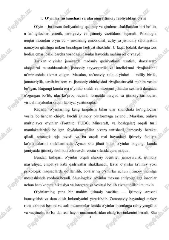 rolli o‘yinlar orqali bolalar real kasblarni tushunadi, muomala qilishni o‘rganadi.2 zamonaviy texnologiyalar rivojlanishi bilan o‘yinlar yangi shakl – raqamli o‘yinlar ko‘rinishini oldi. kompyuter, mobil telefon va boshqa qurilmalarda o‘ynaladigan virtual o‘yinlar bugungi yoshlar orasida ayniqsa keng tarqalgan. bu o‘yinlar ko‘pincha global miqyosdagi foydalanuvchilarni birlashtirib, turli madaniyat, millat, til va hudud vakillarini yagona ijtimoiy maydonga jamlaydi. masalan, multiplayer (ko‘p ishtirokchili) o‘yinlar orqali foydalanuvchilar do‘stlashadi, hamkorlik qiladi, vazifalarni birgalikda bajaradi. shu tarzda o‘yinlar ijtimoiy muloqot va hamkorlik muhitini shakllantiradi. o‘yinlarning ijtimoiy faoliyatdagi o‘rni, ayniqsa, quyidagi yo‘nalishlarda yaqqol ko‘zga tashlanadi: jamoaviylik va hamkorlik ko‘nikmalarining shakllanishi: o‘yinlar, ayniqsa, strategik va topshiriqqa asoslangan jamoaviy o‘yinlar, insonlarda hamkorlikda ishlash, vazifalarni taqsimlash, liderlik qilish va kelishuvga erishish ko‘nikmalarini rivojlantiradi. bu esa real hayotdagi ijtimoiy faoliyatga bevosita ta’sir ko‘rsatadi. 2 axborot texnologiyalari bo‘yicha o‘quv dasturlari va metodik qo‘llanmalar, toshkent, 2021. 6 kommunikatsiya va ijtimoiy muloqot: onlayn o‘yinlarda chat funksiyalari, ovozli aloqa, guruhlar orqali foydalanuvchilar o‘zaro muloqot qiladi, fikr …