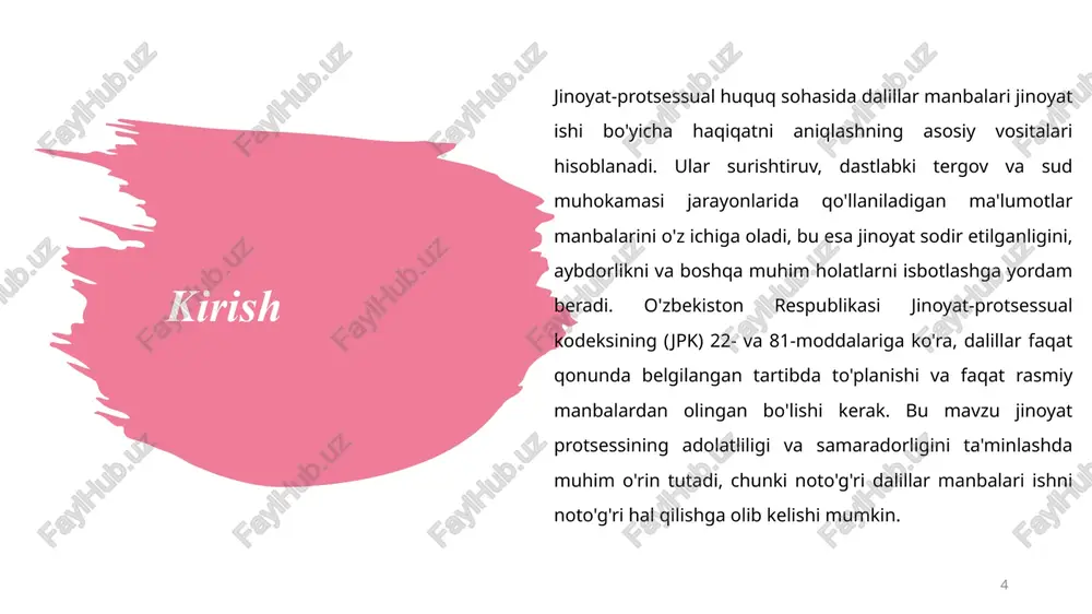 i va ishonchliligini tekshirish, baholash va zarur bo‘lsa, qayta yig‘ish. dalillarni uzoq muddatli saqlash va kerak bo‘lganda qayta foydalanish uchun arxivga topshirish. 14 1. tayyorgarlik bosqichi: dalillar yig‘ishning zarurligini aniqlash, tegishli ruxsatnomalarni olish va resurslarni taqsimlash 2. yig‘ish bosqichi: dalillarni to‘plash, fikrlash va dastlabki rasmiylashtirish 4. tekshirish va baholash bosqichi yig‘ilgan dalillarni protokollar, aktlar va boshqa rasmiy shakllarda belgilash. 3. rasmiylashtirish bosqichi: dalillar manbalarini tekshirish va baholash tamoyillari dalillarning ishonchliligi va isbotiy kuchini aniqlashga xizmat qiladi. bu jarayon sud va tergov organlari tomonidan amalga oshiriladi va jpkning 87-89-moddalarida tartibga solinadi. tekshirish tamoyillari orasida xolislik, to‘liqlik va muvofiqlik kiradi. xolislik degani – dalillarni baholashda shaxsiy qiziqishlarsiz, faqat faktlarga asoslanishdir. sudya dalillarni faqat o‘zining ichki ishonchiga emas, balki ularning manbasiga va mantiqiyligiga qarab baholaydi. dalillar manbalarini tekshirish va baholash tamoyillari dalillar manbalarini tekshirish va baholash tamoyillari 15 turi tushuntirishi va misollari jpk moddalari va xususiyatlari ko'rsatuvlar guvoh, jabrlanuvchi, gumon qilinuvchi yoki ayblanuvchining …