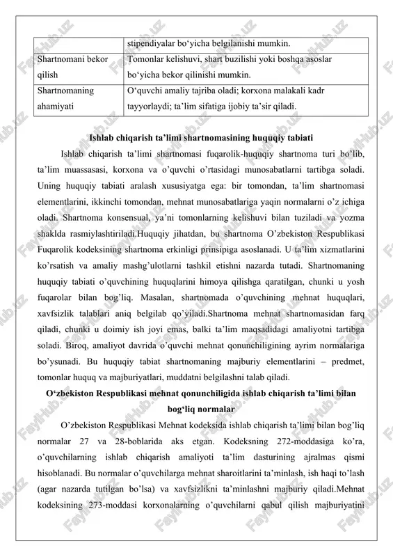 chiqarish ta’limi bilan bog’liq normalar 27 va 28-boblarida aks etgan. kodeksning 272-moddasiga ko’ra, o’quvchilarning ishlab chiqarish amaliyoti ta’lim dasturining ajralmas qismi hisoblanadi. bu normalar o’quvchilarga mehnat sharoitlarini ta’minlash, ish haqi to’lash (agar nazarda tutilgan bo’lsa) va xavfsizlikni ta’minlashni majburiy qiladi.mehnat kodeksining 273-moddasi korxonalarning o’quvchilarni qabul qilish majburiyatini belgilaydi, agar ta’lim muassasasi bilan shartnoma tuzilgan bo’lsa. o’quvchilar yoshiga qarab, ish vaqti cheklanadi: 16 yoshgacha bo’lganlar uchun kuniga 4 soatdan oshmasligi kerak. kodeksning 274-moddasi o’quvchilarga mehnat ta’tillari berishni nazarda tutadi. qonunchilikda ishlab chiqarish ta’limi shartnomasi mehnat munosabatlariga o’xshash normalarni qo’llaydi, masalan, ish joyidagi xavfsizlik qoidalari. biroq, o’quvchi xodim emas, shuning uchun ijtimoiy sug’urta to’liq qo’llanilmaydi. bu normalar ta’lim va mehnatni birlashtirishga xizmat qiladi. ta’lim muassasasi, korxona va o‘quvchi o‘rtasidagi uch tomonlama munosabatlarning huquqiy shakllari uch tomonlama munosabatlar ishlab chiqarish ta’limi shartnomasi orqali huquqiy shakllanadi. bu shartnoma ta’lim muassasasi (nazariy ta’lim beruvchi), korxona (amaliy mashg’ulotlar joyi) va o’quvchi (yoki uning qonuniy vakili) o’rtasida …