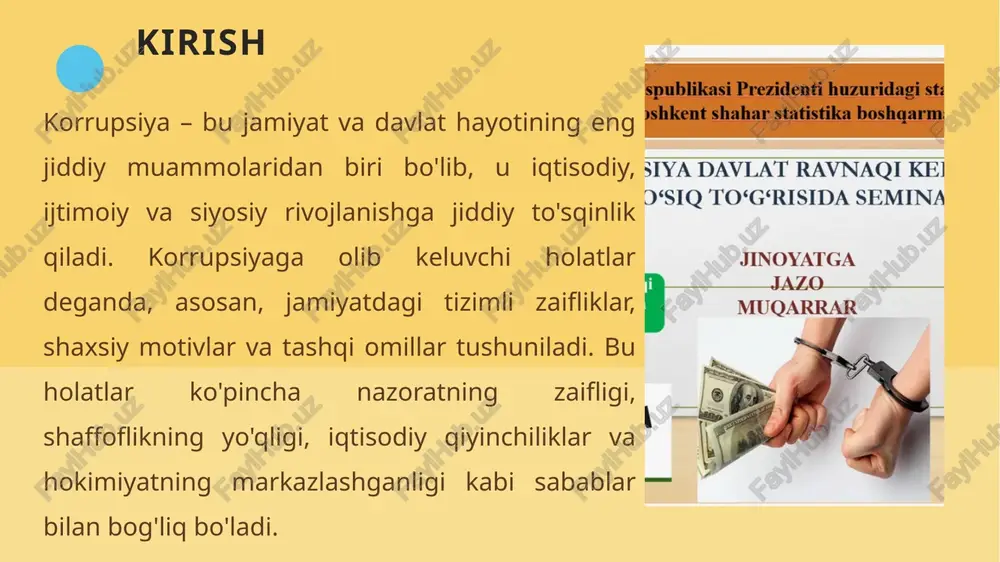 asligi tanlov va tayinlovlarda oshkoralik bo‘lmasligi 7 institut­sional omillar kadrlar tanlovida meritokratiya sustligi, davlat xizmatining samarador emasligi lavozimga tanish orqali kirish, malaka talablarining e’tiborga olinmasligi 8 nazorat tizimi omillari audit va ichki nazoratning kuchsizligi tekshiruvlarning yuzaki o‘tkazilishi, korrupsion sxemalar vaqtida aniqlanmasligi 9 jamiyat-shaxs aloqasi fuqarolarning korrupsiyaga nisbatan bag‘rikengligi “pora bermasang ish bitmaydi” kabi qarashlar 10 texnologik omillar raqamli tizimlarning zaifligi, ma’lumotlarning yopiq bo‘lishi hujjat aylanmasining qo‘lda yuritilishi, elektron nazoratning yo‘qligi 14 nazorat va audit tizimining sustligi 15 nazorat va audit tizimi davlat boshqaruvi ning "immuniteti" bo'lib, uning sustligi moliyaviy va ma'muriy buzilishlarga olib keladi. o'zbekistonda hisob palatasi va ichki ishlar vazirligi kabi organlar mavjud bo'lsa-da, ularning faoliyati ko'pincha reaktiv xarakterga ega: muammo yuzaga kelgandan keyin faqat choralar ko'riladi. bu esa profilaktika choralarini zaiflashtiradi.sustlikning asosiy ko'rinishlari orasida audit chastotasining pastligi va natijalarni amalga oshirishning kechikishi bor. masalan, davlat byudjetini sarflash bo'yicha yillik auditlar o'tkaziladi, biroq ularning natijalari ommaviy e'lon qilinmaydi va …