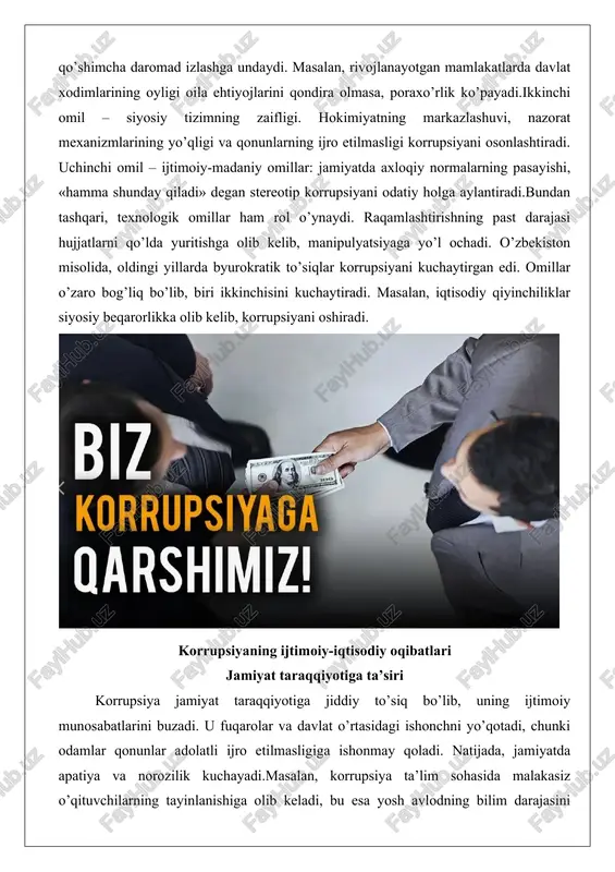 da apatiya va norozilik kuchayadi.masalan, korrupsiya ta’lim sohasida malakasiz o’qituvchilarning tayinlanishiga olib keladi, bu esa yosh avlodning bilim darajasini pasaytiradi. sog’liqni saqlashda pora evaziga sifatsiz xizmatlar ko’rsatilishi aholining umr ko’rish davomiyligini qisqartiradi. jamiyat taraqqiyoti innovatsiyalar va inson kapitaliga bog’liq bo’lib, korrupsiya bu jarayonlarni to’xtatadi.o’zbekistonda korrupsiya oldini olish bo’yicha islohotlar jamiyatda ijobiy o’zgarishlarga olib keldi, ammo hali ham muammolar saqlanib qolmoqda. korrupsiya gender tengligiga ham salbiy ta’sir qiladi: ayollar ko’pincha imtiyozlarga erishish uchun qo’shimcha to’siqlarga duch keladi. umuman, korrupsiya jamiyatni bo’linishga olib kelib, milliy birdamlikni zaiflashtiradi.jamiyat taraqqiyotining asosiy ko’rsatkichlari – ta’lim, sog’liq va madaniyat darajasi korrupsiya ta’sirida pasayadi. masalan, maktablarda pora evaziga baholar qo’yilishi bilimli kadrlar yetishmasligiga sabab bo’ladi. bu esa uzoq muddatda mamlakat raqobatbardoshligini yo’qotadi. korrupsiya jamiyatning axloqiy asoslarini buzib, yoshlarda noto’g’ri qadriyatlar shakllantiradi. iqtisodiy o’sish va investitsiya muhitiga zararli ta’siri korrupsiya iqtisodiy o’sishni sekinlashtirib, investitsiya muhitini yomonlashtiradi. investorlar korrupsiyali mamlakatlarda xavf-xatarlarni hisobga olib, mablag’ kiritishdan qochadi. natijada, xorijiy investitsiyalar …