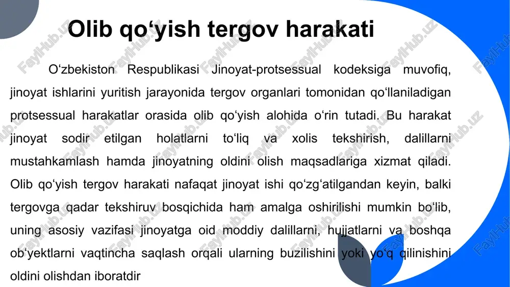 atli sud va tergovning kafolati bo'lib, ularning to'g'ri qo'llanilishi jamiyat xavfsizligini oshiradi. 14 foydalanilgan adabiyotlar o‘zbekiston respublikasi jinoyat-protsessual kodeksi o‘zbekiston respublikasi jinoyat kodeksi “tergov harakatlari tartibi to‘g‘risida” me’yoriy hujjatlar o‘zbekiston respublikasi konstitutsiyasi a. rasulov. jinoyat-protsessual huquq asoslari m. jo‘rayev. tergov amaliyoti bo‘yicha qo‘llanma x. g‘aybullayev. jinoyat protsessi nazariyasi r. qodirov. dalillarni to‘plash va mustahkamlash 15 image1.jpg /docprops/thumbnail.jpeg