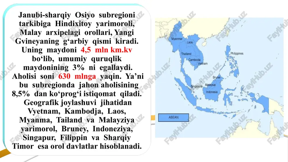 holikorlik bilan baliqchilik muhim soha bo‘lsa-da, kauchuk kabi qimmatbaho daraxtlar ham yetishtiriladi. indoneziya va filippinda sholi, makka, loviya, baliq, sabzavot, meva, shakarqamish, kofe kabi ekinlar keng tarqalgan. orollarida baliqchilik muhim rol o‘ynaydi. guruch, baliq, sabzavot, meva, o'simlik yog‘i kabi mahsulotlar butun mahalliy aholining tirikchiligidir. go‘sht kam, asosan, bayramlarda iste’mol qilinadi, ko'proq parranda, nomusulmon aholi esa cho'chqa go‘shtini iste’mol qiladi. janubi-sharqiy osiyo xalqlari xo‘jaligi janubi-sharqiy osiyoning serunum tuprog'i, namli va issiq iqlimi qadimiy davrlardan dehqonchilik xo‘jaligim, ayniqsa, sholikorlikning keng tarqalishiga sabab bo‘lgan. indoneziya, malayziya, bruneyda islom diniga e’tiqod qiluvchilar oldingi o‘rinda turadi. tailand, laos, kambodja, myanma hamda vyetnamda buddizm dinlari keng tarqalgan singapurda esa konfutsiylik dini keng tarqalgan. katoliklarning salmog‘i filippin, sharqiy timor hududlarida k lingivistik klassifikatsiyasi lingvistik jihatdan mon-kxmer til oilasiga kiradi. asli kxmer tillarida kambodjaning tub aholisi, vetnam, laos va tailand kxmerlari, birma va qisman tailandda yashovchi mon (talain)lar, malakkadagi senon va semanglar so'zlashadi. xitoy-tibet til oilasiga oid katta …