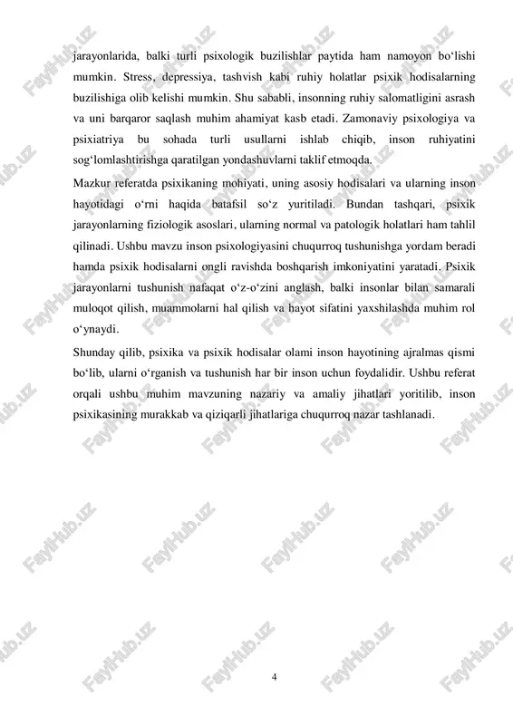 lati bo‘lib, u tashqi omillar yoki ichki omillar ta’sirida o‘zgarib turadi. masalan, yaxshi yangilik eshitgandan so‘ng insonda quvonch hissi paydo bo‘lishi, aksincha, yoqimsiz voqeadan so‘ng tushkun kayfiyat yuzaga kelishi mumkin. 6  stress – organizmning turli tashqi va ichki bosimlarga javoban beradigan holati bo‘lib, u insonning jismoniy va ruhiy holatiga ta’sir qiladi. stress haddan tashqari kuchayganda charchoq, xavotir va depressiyaga olib kelishi mumkin.  affekt – qisqa muddatli, juda kuchli hissiy holat bo‘lib, ko‘pincha inson tomonidan ongli ravishda boshqarilmaydi. masalan, qattiq g‘azablanish yoki quvonchdan beixtiyor yig‘lash affekt holatlariga misol bo‘la oladi.  motiva – insonning maqsad sari harakat qilishga undovchi ichki rag‘bati. motivatsiya odamning qiziqishlari, ehtiyojlari va tashqi muhit ta’siriga qarab shakllanadi. psixik xususiyatlar: psixik xususiyatlar – insonning doimiy va barqaror individual jihatlari bo‘lib, ular shaxsiyatni shakllantiradi va har bir insonning o‘ziga xosligini belgilaydi. ular quyidagi turlarga bo‘linadi:  temperament – insonning tug‘ma psixik xususiyatlari bo‘lib, ularning ruhiy jarayonlari tezligi …