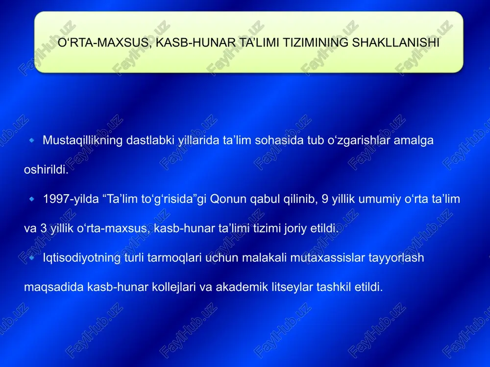 b, xalqaro standartlarga moslashtirildi o‘quv rejalari xalqaro talablarga mos ravishda takomillashtirildi. xalqaro sertifikatlash tizimi joriy etilib, bitiruvchilarga xorijda tan olinadigan sertifikatlar berilmoqda. it, muhandislik va sanoat sohalari bo‘yicha xalqaro dasturlar asosida o‘qitish yo‘lga qo‘yildi. 📌 natijalar: ✔ texnikum va kasb-hunar markazlarining moddiy-texnik bazasi mustahkamlandi. ✔ o‘quvchilarning zamonaviy texnologiyalar bilan ishlash ko‘nikmalari oshdi. ✔ kasbiy ta’lim xalqaro me’yorlarga moslashtirilib, raqobatbardosh kadrlar tayyorlanmoqda. moddiy-texnik bazani mustahkamlash 📌 o‘zbekiston kasb-hunar ta’limida quyidagi davlatlarning tajribalaridan foydalanyapti: ✔ 🇩🇪 germaniya – dual ta’lim tizimi o‘qish va amaliyotni birlashtirgan tizim, ish beruvchilar bilan hamkorlik. ishlab chiqarish korxonalari bilan qo‘shma dasturlar asosida ta’lim berish. ✔ 🇰🇷 janubiy koreya – texnik ta’lim va it dasturlari axborot texnologiyalari, dasturlash va texnik yo‘nalishlarni rivojlantirish. yangi avlod kasb-hunar maktablarida koreys modeli asosida o‘qitish. ✔ 🇸🇬 singapur – innovatsion kasb-hunar ta’limi o‘quvchilarni kreativ fikrlashga yo‘naltirish va muammolarni yechishga o‘rgatish. zamonaviy texnologiyalar va startap madaniyatini rivojlantirish. 📌 xalqaro hamkorlik natijalari: 🔹 chet el …