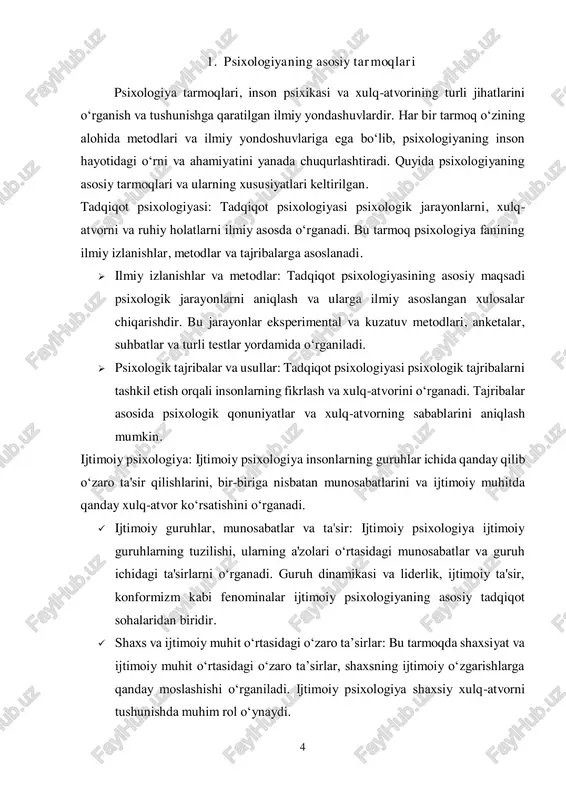 roli kabi masalalar bu sohaning asosiy tadqiqot yo‘nalishlaridir.  bola va o‘smir psixologiyasi: bu tarmoqda bolaning rivojlanish bosqichlari, hissiy va aqliy rivojlanishning o‘ziga xos jihatlari o‘rganiladi. o‘smirlarning o‘ziga xos psixologik ehtiyojlari va muammolari ham tadqiq etiladi. kognitiv psixologiya: kognitiv psixologiya insonning aqliy jarayonlarini, masalan, tafakkur, xotira, qaror qabul qilish va muammolarni hal qilishni o‘rganadi.  aqliy jarayonlar: xotira, qaror qabul qilish, tafakkur: kognitiv psixologiya aqliy jarayonlar, xotira tizimi va ma'lumotlarni qayta ishlashni o‘rganadi. xotira jarayonlari, o‘rganish va qaror qabul qilishdagi kognitiv mexanizmalar bu sohaning asosiy tadqiqot obyektlari hisoblanadi.  kognitiv xatoliklar va ularni tuzatish: kognitiv psixologiyada aqliy xatoliklar, kognitiv buzilishlar va ularning tuzatish usullari haqida ham so‘z yuritiladi. 6 bularning barchasi insonlarning qaror qabul qilish jarayonlarini va xulq- atvorini tushunishga yordam beradi. eksperimental psixologiya: eksperimental psixologiya psixologik fenomenlarni ilmiy tajribalar orqali o‘rganadi. bu tarmoq turli psixologik hodisalar, xulq-atvor va ruhiy jarayonlar haqida aniq, ob'ektiv ma'lumotlar olishga qaratilgan.  tajriba va …