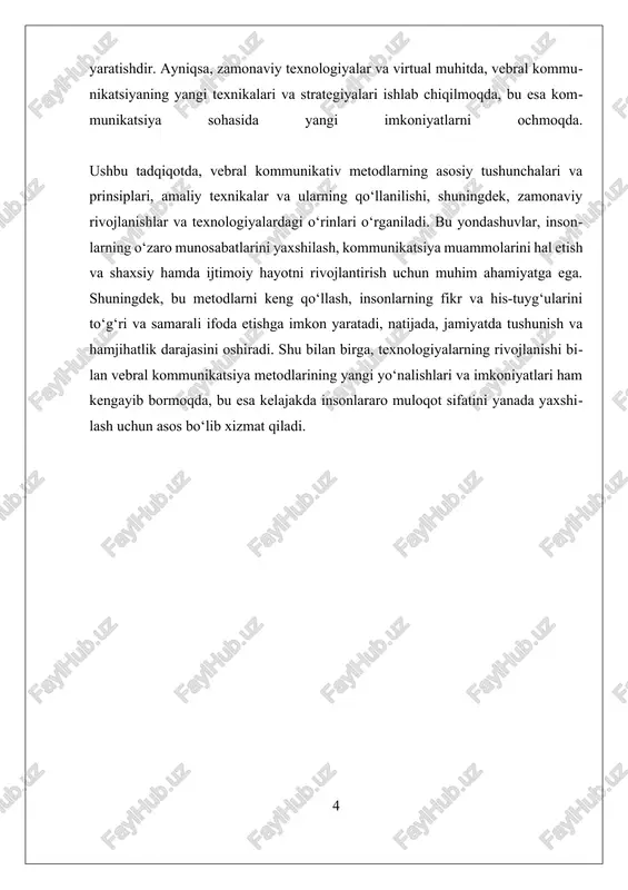mpatiya, shuningdek, samarali ifoda va tushunishni ta’minlaydi, bu esa, ayniqsa, terapiya, konsultatsiya va muhim muzokaralarda muhim ahamiyat kasb etadi. etkili ifoda bo‘yicha metodlar, fikr-mulohazalarni aniq va ta’sirli tarzda yetkazishga qaratilgan. bu, o‘z navbatida, so‘zlarni to‘g‘ri tanlash, iboralarni aniq va tushunarli qilish, shuningdek, ma’lumotni strukturaviy tarzda taqdim etishni o‘z ichiga oladi. bu texnikalar, shuningdek, ko‘p hollarda, hikoya qilish, misollar keltirish va analogiyalar yordamida fikrlarni kuchaytirishga xizmat qiladi. vebral kommunikativ metodlarning prinsiplari shunchaki texnikalar to‘plami emas, balki, ular insonlarning tabiiy va madaniy xususiyatlariga moslashgan bo‘lishi kerak. bu esa, kommunikatsiya jarayonida, madaniyat, til va shaxsiyatlar o‘rtasidagi farqlarni hisobga olishni talab etadi. farkli madaniy kontekstlarda, ayniqsa, til va nutq uslublarini moslashtirish, muhim bo‘lib qoladi, chunki bu, muloqotni yanada samarali va tushunarli qilish imkonini beradi. shuningdek, vebral metodlarning rivojlanishi va zamonaviy texnologiyalar bilan integratsiyasi ham muhimdir. masalan, onlayn muloqotda, videokonferensiyalar va chat platformalarida, bu metodlarning qo‘llanilishi uchun yangi yondashuvlar ishlab chiqilmoqda. bu esa, kommunikatsiya qobiliyatlarini …