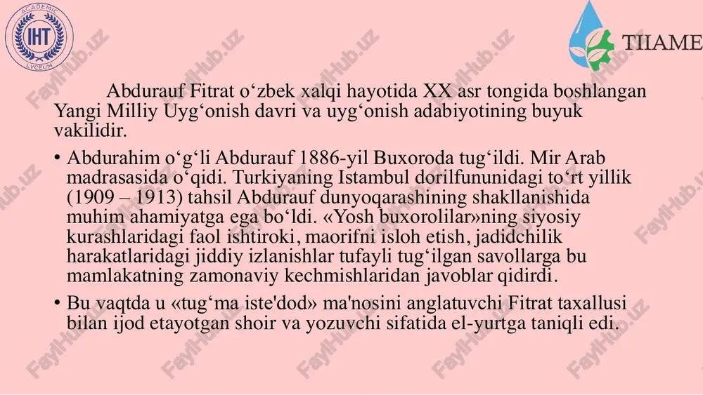 di. . 26 26 -- noyabrnoyabr kunidakunida qoqo’’qondaqonda oo’’lklk musulmonlariningmusulmonlarining favqulotdafavqulotda iv iv qurultoyiqurultoyi bobo’’liblib oo’’tditdi. . undaunda oo’’lkaninglkaning turliturli shaharlaridanshaharlaridan 203 203 vakilvakil ishtirokishtirok etdietdi. . muhimimuhimi shundakishundaki, , yigyig’’inin milliymilliy vava diniydiniy cheklashlardancheklashlardan holiholi bobo’’ldildi. . hayhay’’atgaatga saylanganlarsaylanganlar orasidaorasida yevropaliklaryevropaliklar ham ham borbor ediedi. 27. 27--noyabr noyabr kechasikechasi qurultoyqurultoy tarixiytarixiy qarorqaror qabulqabul qildiqildi. . turkistonturkiston muxtoriyatimuxtoriyati tuzildituzildi. . fitratfitrat turkistonturkiston muxtoriyatinimuxtoriyatini soso’’ngsizngsiz mehrmehr bilanbilan qarshiqarshi oldioldi. u . u ee’’lonlon qilinganqilingan 2727--noyabr noyabr tuninitunini ““milliymilliy laylatullaylatul--qadrimizqadrimiz”” ,,--debdeb atadiatadi. . 19181918--yili yili fitratfitrat toshkentgatoshkentga chaqirilibchaqirilib olinadiolinadi vava maorifmaorif ishlarigaishlariga jalbjalb qilinadiqilinadi. . maktablardamaktablarda, , dorilfunundadorilfununda tiltil vava adabiyotdanadabiyotdan darsdars berabera boshlaydiboshlaydi. u . u turganturgan manzilmanzil 19371937--yil 22yil 22--iyulda iyulda tuzilgantuzilgan ““maxbuslikmaxbuslik anketaanketa””sidasida toshkent toshkent shaharshahar gulistonguliston mahallasi(hozirgimahallasi(hozirgi bunyodbunyod--korkor maydonigamaydoniga toto’’gg’’riri keladikeladi), 116), 116--uy uy debdeb koko’’rsatilgan.taniqlirsatilgan.taniqli journalist journalist aa’’zamzam ayyubayyub ham 1918ham 1918--yili yili hadradagihadradagi maktabdamaktabda fitratfitrat qoqo’’lidalida oo’’qiganqigan. . fitratningfitratning toshkentdagitoshkentdagi eng eng kattakatta ishlaridanishlaridan biribiri bubu …