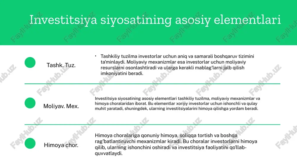 shartnomani imzolash. har bir bosqichda diqqat bilan yondoshish muhimdir. huquqiy nuqtai nazar shartnoma tuzishda huquqiy nuqtai nazar muhim rol o'ynaydi. u shartnomada ko'rsatilgan barcha shartlar va talablarning qonuniyligini ta'minlaydi. huquqiy himoya, shartnoma ijrosi va taraflarning huquqlari va majburiyatlari haqida to'liq ma'lumot berish zarur. xulosa va tavsiyalar xorijiy investorlar uchun shartnomalar tuzish jarayoni aniq va tushunarli bo'lishi muhimdir. shartnomalarda barcha zaruriy xususiyatlar ko'rsatilishi va huquqiy nuqtai nazar inobatga olinishi kerak. tavsiyalar: shartnoma tayyorlashda professional yuridik yordam olish va shartnoma shartlarini diqqat bilan ko'rib chiqish. xalqaro huquq va investitsiyalar himoya mexanizmlari xalqaro shartnomalar kelishuvlarning ahamiyati xorijiy investorlarni himoya qilish mexanizmlari, jumladan, xalqaro shartnomalar va kelishuvlar, ularning investitsiyalarini xavfsizligini ta'minlashga qaratilgan. ushbu mexanizmlar investorlar uchun huquqiy kafolatlar taqdim etadi va ularning risklarini kamaytiradi. xalqaro shartnomalar xorijiy investorlar uchun muhim ahamiyatga ega, chunki ular investitsiyalarni himoya qilish, iqtisodiy barqarorlikni ta'minlash va davlatlar o'rtasidagi iqtisodiy munosabatlarni mustahkamlashda xizmat qiladi. shartnomalar orqali investorlar o'z huquqlarini himoya …