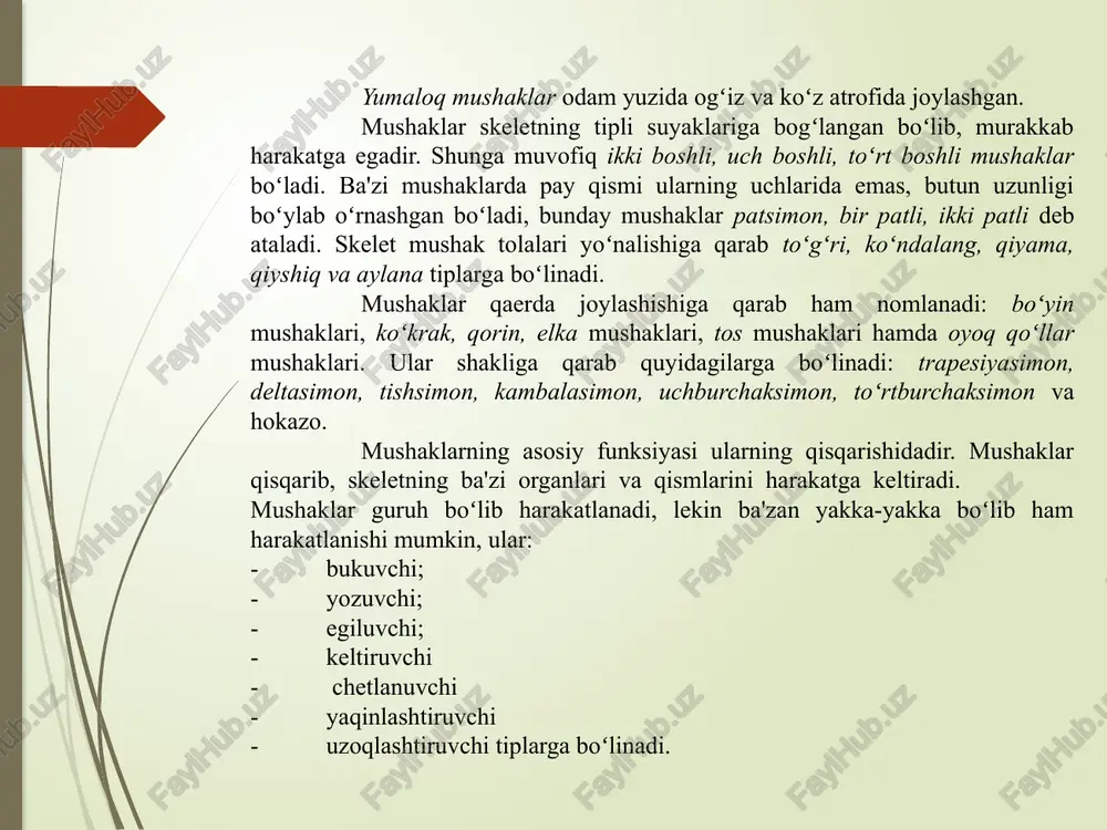 mushaklari koʻkrakning katta mushagi koʻkrak qafasining yuqorigi qismida joylashgan kuchli elpigʻichsimon mushak hisoblanadi. bu mushak bir uchi bilan oʻmrov suyagiga, toʻsh suyagiga va ikkinchi-ettinchi qovurgʻalarning togʻaylariga birikadi; boshqa uchi bilan esa elka suyagiga birikadi. katta koʻkrak mushagi qoʻlni badan boʻylab tushurish uchun xizmat qiladi. agar qoʻl fiksasiyalangan boʻlsa, bu mushak qovurgʻalarni koʻtarib nafas olishga yordam beradi. katta koʻkrak mushagi koʻkrak relefini sezilarli darajada aniqlaydi va qoʻltiq osti chuqurchasining oldingi devorini hosil qiladi. oldingi tishsimon mushaklar koʻkrak qafasining yon devorida joylashgandir. ular sakkizinchi-toʻqqizinchi juft qovurgʻalardan tishlar bilan boshlanadi, orqaga yoʻnaladi va kurakning ichki qirrasi hamda yuqorigi burchagiga birikadi. shu yoʻl bilan bu mushak kurakni fiksasiyalaydi va oldinga tortadi. harakatsiz elka kamarida bu mushak nafas aktida qatnashadi. bu mushak qoʻltiq osti chuqurchasining ichki devorini hosil qiladi. qorin mushaklari bu mushaklar koʻkrak qafasi va tos oraligʻida, qorin oq chizigʻining ikkala tomonida simmetrik joylashadi. bu mushaklarning barchasi qisqarganda, ular nafas chiqarishda qatnashadi hamda umurtqa …