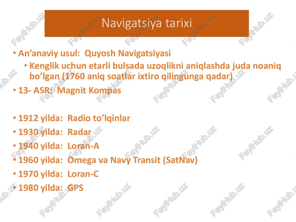 courtsy: peter dana, http://www.colorado.edu/geography/gcraft/notes/gps/gps_f.html kod modellari sputnik signallari navigatsion ma’lumotlar tuzilmasi kod analizi orqali vaqtni hisoblash d = v (dt) • faza (kod) • har bir sputnik yagona signal yuboradi ,1 msec oraliqda • gps esa bu signalni o’z signali bilan taqqoslaydi • vaqtlar farqidan (dt) masofa hisoblab olinadi dt sputnik signali gps signali signallarni taqqoslash – gdop (geometrik) • kenglik, uzoqlik, balandlik va vaqt – pdop (pozitsional) • kenglik, uzoqlik va balandlik – hdop (gorizontal) • kenglik va uzoqlik – vdop (vertikal) • balandlik ravshanlikning xiralashishi (dop) yaxshi gdop yomon gdop sifati dop juda yaxshi 1-3 yaxshi 4-5 qoniqarli 6 qoniqarsiz >6 ideal sputnik geometriyasi n s w e yaxshi sputnik geometriyasi yomon sputnik geometriyasi n s w e yomon sputnik geometriyasi gps ning xatoliklari manba’i standart joylashuv hizmati (sps ): • sputnik vaqtlari: 10 km signal uzatilishi nosozliklari sababi ko’p nurli uzatish usuli hatoliklari signal nosozliklari • gps …