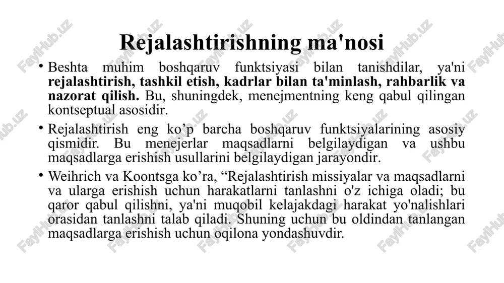 hirish, tashkiliy faoliyatni kuzatish va nazorat qilish uchun qabul qilinadi. bunday uchta eng ko'p ishlatiladigan rejalar ierarxik, foydalanish chastotasi (takroriylik) va favqulodda vaziyatlar rejalari. ierarxik rejalar uchta asosiy ierarxik darajada, ya'ni institutsional, boshqaruv va texnik yadroda tuzilgan. strategik rejalar odatda tashkilotning yuqori institutsional darajasida rejalashtirishni o'z ichiga oladi. strategik rejalar tashkilotning uzoq muddatli istiqbollarini va tashkilot o'z qarashlarini qanday amalga oshirish niyatida ekanligini belgilaydi. o'rta yoki ma'muriy rejalashtirish o'rta boshqaruv darajasida amalga oshiriladi. bu tashkiliy resurslarni taqsimlash va tashkilotning ichki bo'linmalarini muvofiqlashtirish uchun amalga oshiriladi. bu shuningdek, ajratilgan resurslar bilan bo'linmalarning qo'shishi mumkin bo'lgan hissalarini aniqlash jarayonidir. operatsion rejalashtirish - bu mavjud resurslar bilan qanday qilib aniq vazifalarni o'z vaqtida eng yaxshi tarzda bajarish mumkinligini aniqlash jarayoni. bu, shuningdek, tashkilotning kundalik faoliyatini qamrab olish uchun ham amalga oshiriladi. shunday qilib, ko'plab operatsion rejalar tashkilotning texnik yadrosi ishini boshqarish uchun mo'ljallangan. foydalanish chastotasi rejalari. rejalar, shuningdek, foydalanish chastotasi yoki takrorlanishiga ko'ra …