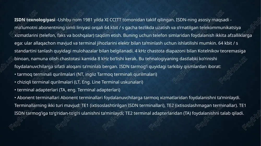 g keskin ortishi bilan ishchi chastotalar polosalari kengaytirildi. bu sotali aloqa standartining yangi versiyasi etacs (enhanced tacs) nomini oldi. boshqa yevropa davlatlaridan farqli ravishda fransiyada 1985-yilda radiocom-2000 standarti qabul qilindi. 1986-yildan boshlab skandinaviya davlatlarida nmt-900 standarti qo’llanila boshlandi. aloqa va signallarga ishlov berish sohasidagi eng yangi texnologiyalar va ilmiy kashfiyotlardan foydalanish 1980-yillarning oxirlariga kelib, mobil aloqa tizimlarini rivojlantirishning yangi bosqichi – signallarga raqamli ishlov berish usullariga asoslangan ikkinchi avlod tizimlarini yaratishga o’tishga imkon berdi, aynan ularga lte standarti kiradi. long term evolution (lte) — mobil aloqa protokoli bo‘lib, uni 2004-yilda yaratib, takommilashtirish boshlangan. ushbu takomillashtirish natijasida, misol uchun, aloqa samaradorligini oshirish, tarmoqlarni tashkil etishdagi xarajatlarni kamaytirish, taqdim etiladigan xizmatlar darajasini mukammallashtirish va kengaytirish, shuningdek, mavjud mobil va keng polosali aloqa protokollari bilan o‘zaro hamkorlikni ta’minlab berish imkoniyatlari paydo bo‘ladi. lte standartida ma’lumot olishning nazariy tezligi 326,4mbit/ sek, uzatishning tezligi esa, 172,8mbit/sek gacha etishi mumkin. 1g - birinchi avlod aloqa mobil …