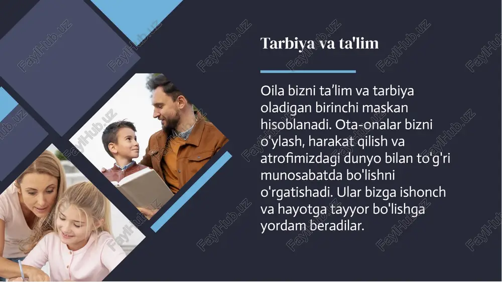 iy qo‘llab-quvvatlash, o‘zaro yordam, xilma-xillik va bag‘rikenglik maskanidir. oilamizni himoya qilish , oila a'zolarimizga g'amxo'rlik qilish , ajdodlarimizga hos avlod qoldirish barchamizning burchimiz hisoblanadi oila vatan ichidagi kichik vatan bo'lib, u yerda biz sevgi, qo'llab-quvvatlash va g'amxo'rlik topamiz. biz hayotning qiyinchiliklari va quvonchlarini birgalikda boshdan kechiramiz. oila - ta'lim tarbiya , salomatlik, ma’naviyat, o‘yin-kulgi, ijtimoiy qo‘llab-quvvatlash, o‘zaro yordam, xilma-xillik va bag‘rikenglik maskanidir. oilamizni himoya qilish , oila a'zolarimizga g'amxo'rlik qilish , ajdodlarimizga hos avlod qoldirish barchamizning burchimiz hisoblanadi hulosahulosa e'tiboringiz uchun rahmat e'tiboringiz uchun rahmat