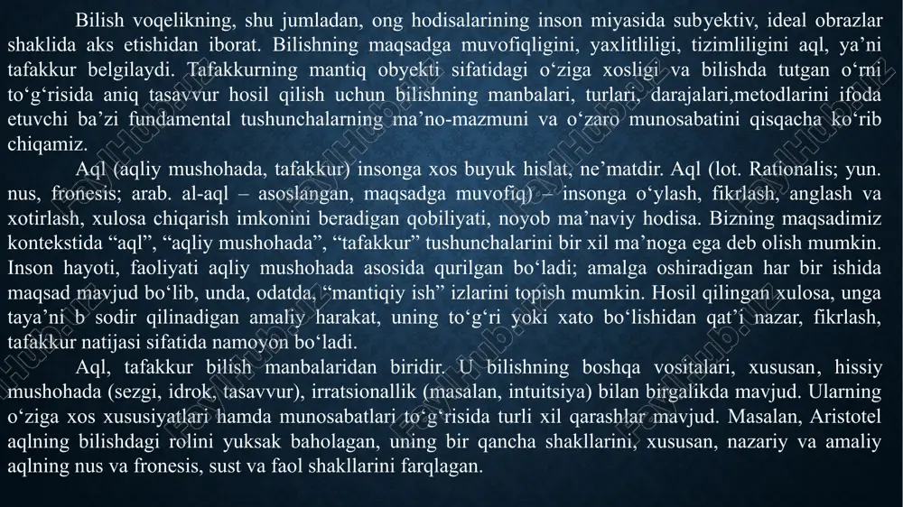 “hamma kapalaklar hasharotdir” degan fikrlarning mazmuni turlicha bo‘lsa-da, ularning tuzilishi, shakli bir xildir. shuning uchun ularni “hamma s – r dir” yoki “hamma p – q dir”, deb ifodalash mumkin. mazkur formuladan foydalanib, yana boshqa ko‘plab mulohazalarni hosil qilish mumkin. bu mulohazalar klassik mantiqda, ya’ni an’anaviy formal mantiqda, odatda, ikki qiymatlidir, ya’ni ular chin yoki xato bo‘ladi. zamonaviy formal (simvolik) mantiqning turli yo‘nalishlarida (ular birgalikda noklassik mantiq deb nomlanadi) mulohazalarning chinligi turli darajadagi ehtimollikdan iborat bo‘lishi, ya’ni ko‘p qiymatli (ko‘p ma’noli) bo‘lishi mumkin. shunga muvofiq ravishda ko‘p ma’noli noklassik mantiq turlari shakllangan. ko‘p ma’noli mantiq hozirgi zamon noklassik mantig‘ining bir tarmog‘i bo‘lib, fikrlashni “chin”, “xato”, “qisman chin”, “qisman xato” kabi tushunchalar orqali ifodalaydi. agar umumiy formal mantiqda mulohazalar ikki qiymatli (chin yoki xato) bo‘lsa, ko‘p ma’noli mantiqda mulohazalar uchta va undan ortiq qiymatlidir. shuning uchun bu mantiq “ko‘p ma’noli mantiq” deb yuritiladi. bu mantiqda eng oddiy sistema uch ma’nolidir. masalan, …