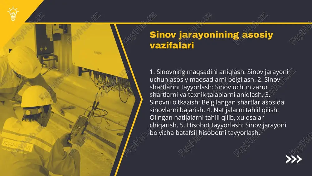 lil jarayoni natijalar murakkabligi yangi texnologiyalar tashqi omillar sinov natijalarini tahlil qilish jarayoni, barcha ma'lumotlarni to'plab, ularni aniqlash va tushunish imkonini beradi. sinov natijalarini tahlil qilishda murakkabliklar paydo bo'lishi mumkin, bu esa to'g'ri qarorlar qabul qilishga ta'sir ko'rsatadi. yangi texnologiyalar va ilg'or metodologiyalar sinov jarayonini samarali o'tkazish imkonini beradi. tashqi omillar, masalan, iqtisodiy o'zgarishlar yoki raqobatchilar tomonidan keltiriladigan talablar, sinov jarayonini qiyinlashtirishi mumkin. s w o t kelajakda sinov jarayonini rivojlantirish kelajakda sinov jarayonlari innovatsiyalar va yangi texnologiyalar yordamida rivojlanadi. ular zamon talablariga moslashadi va yanada samarali bo'ladi. sinov jarayonlari o'zgaruvchan talablar va sharoitlarga moslashishga qodir bo'lishi kerak. bu, ularning samaradorligini oshiradi. avtomatlashtirish va sun'iy intellektdan foydalanish sinov jarayonlarini takomillashtiradi, inson xatoliklarini kamaytiradi. ilmiy tadqiqotlar va hamkorlik sinov jarayonlarini rivojlantirishda muhim ahamiyatga ega. eimning zamonaviy yondashuvlari eim (elektron informatsion management) zamonaviy yondashuvlari, raqamli transformatsiya, bulutli texnologiyalar va ma'lumotlar tahlilini o'z ichiga oladi. bu yondashuvlar biznes jarayonlarini optimallashtirish, samaradorlikni oshirish va …