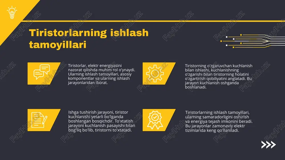 rdamida avtomatik sozlash va monitoring jarayonlari amalga oshiriladi. bu texnologiyalar energiya resurslarini tejashga yordam beradi va kuchlanish nazoratini yanada yaxshilaydi. photo by fré sonneveld on unsplash asosiy afzalliklari: • tejamkor energiya iste'moli • yuqori ishonchlilik • kam texnik xizmat ko'rsatish talab etadi • tezkor ishlash samaradorligi va xavfsizligi zamon talablariga javob beradi. zamonaviy tiristorli kuchlanish rostlagichlarning asosiy afzalliklari quyidagilar: 1. energiya tejamkorligi: ushbu rostlagichlar energiya iste'molini samarali kamaytirishga yordam beradi. 2. ishlash muddatlari: ular uzoq muddat davomida ishonchli ishlaydi. 3. yuqori texnik ko'rsatkichlar: tezkor va aniq ishlash imkoniyatini ta'minlaydi. rostlagichlarning afzalliklari asosiy afzalliklari xavf va cheklovlar zamonaviy tiristorli kuchlanish rostlagichlarining ba’zi xavflari: 1. ishlashi davomida yuqori harorat. 2. qisqa tutashuv xavfi. 3. elektr energiya sifatining pasayishi. ushbu xavflarni kamaytirish uchun zamonaviy texnologiyalar va to'g'ri ekspluatatsiya qoidalari muhimdir. photo by jonathan hanna on unsplash yangi innovatsiyalar tadqiqotlar yetishmaydi texnologik o'zgarishlar bozor raqobati zamonaviy tiristorli kuchlanish rostlagichlar yangi innovatsiyalarni joriy etish imkoniga …