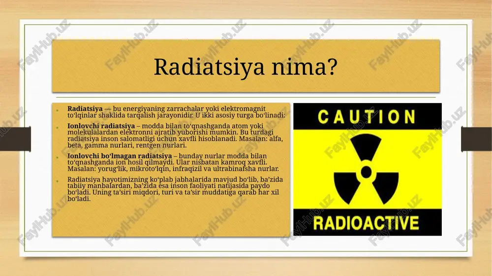g xavfi o‘zgaradi. inson organizmi radiatsiyaga ta’sirlanishi natijasida hujayralar shikastlanishi, saraton kasalliklari va genetik o‘zgarishlarga uchrashi mumkin. biroq, radiatsiyadan himoyalanish uchun samarali usullar mavjud: masofa, vaqtni cheklash, himoya materiallari va shaxsiy himoya vositalari yordamida xavfning oldini olish mumkin. radiatsiya xavfini kamaytirish uchun xavfsizlik qoidalariga rioya qilish va doimiy monitoring zarur. foydalanilgan adabiyotlar ubaydullayeva t. (2023). radioaktiv nurlarning inson organizmiga ta’siri va radiatsiyadan himoyalanish. toshkent: toshkent tibbiyot akademiyasi. shakhnazarov f. f. (2019). radiatsiya himoyasi va tibbiy qo‘llanma. toshkent: o‘zbekiston tibbiyot nashriyoti. ergashev m. r., yo‘ldoshev a. a. (2022). ekologiya va atrof-muhit muhofazasi. toshkent: fan va texnologiya nashriyoti. berkov v. v. (2020). radiatsiya va uning inson salomatligiga ta’siri. moskva: yadro xavfsizligi markazi. karimov n. k. (2021). radiatsion xavfsizlik asoslari. toshkent: oliy ta’lim nashriyoti. kibertib.uz radiatsiyaning inson organizmiga ta’siri haqida maqola: https://cyberleninka.ru/article/n/radiatsiyaning-inson-organizmiga-ta-siri tkti.uz – toshkent kimyo-texnologiya instituti radiatsiya xavfsizligi fanidan o‘quv moduli: https://tkti.uz/var/www/tkti_uz/media/pdf/modules_of_study_programe/2024-03-26/radiatsiya_xavfsizligi.pdf jdpu.uz – jizzax davlat pedagogika universiteti smartfonlardan radiatsiya haqida maqola: …