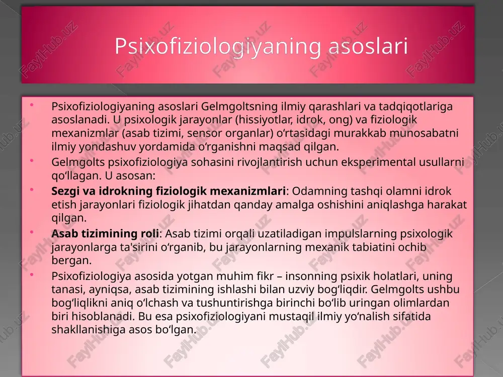 ng ilmiy yutuqlariga asos bo‘lgan. u tadqiqotlarida kuzatuv va eksperimentning kombinatsiyasidan foydalanib, fiziologik va psixologik jarayonlarni o‘rganishda innovatsion yondashuvlarni qo‘llagan. eksperimentlarga asoslangan yondashuv gelmgoltsning tadqiqot uslubi tajribaga asoslangan edi. u tabiiy fanlarda eksperimental metodlarni qo‘llab, insonning fiziologik jarayonlarini sinchiklab o‘rganishga muvaffaq bo‘ldi. masalan: asab impulslarini o‘lchashda u o‘sha davr uchun ilg‘or hisoblangan maxsus asbob-uskunalar va metodlarni qo‘lladi. ko‘z va ko‘rish mexanizmlarini o‘rganishda optik linzalar va ko‘z retseptorlarini simulyatsiya qiluvchi qurilmalardan foydalandi. matematik va fizik yondashuv gelmgolts fiziologiyani o‘rganishda matematik va fizik uslublarni muvaffaqiyatli qo‘llagan. u fiziologik jarayonlarni o‘lchash va modellashtirishda fizikaning tamoyillarini ishlatgan, bu esa inson tanasi va psixikasini o‘rganishda aniqroq natijalarga erishishga imkon bergan. tajribaviy psixologiyaga hissa uning tajribaviy uslublari psixologiyaning eksperimental yo‘nalish sifatida rivojlanishiga zamin yaratdi. gelmgolts o‘z tadqiqotlarida insonning sezgi va idrok jarayonlarini sinovdan o‘tkazib, ularni o‘lchashga muvaffaq bo‘ldi. bu esa psixologiyani falsafadan ajratib, uni ilmiy soha sifatida shakllantirishga yordam berdi. ixtiro va asbob-uskunalar gelmgolts turli ilmiy …