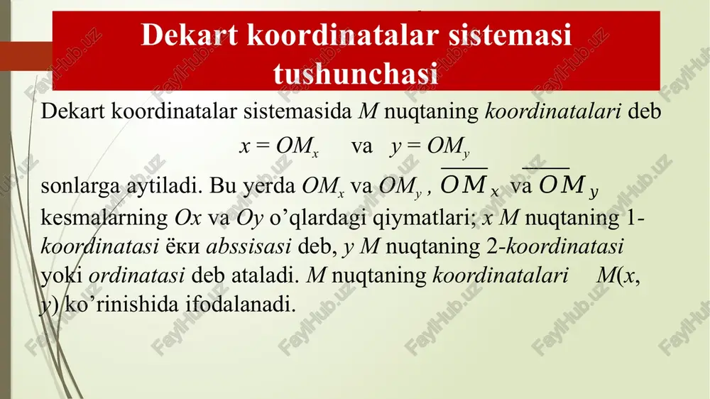 glama xcosα+ysinα-p=0 toʻgʻri chiziqning normal tenglamasi deyiladi. u ikki parametr p va α ga bogʻliq. toʻgʻri chiziqning normal tenglamasi quyidagi xossalarga ega: tenglamada x va y oldidagi koeffisientlar absolyut qiymati boʻyicha birdan katta boʻlmagan sonlardir. tenglamada x va y lar oldidagi koeffisientlarning kvadratlari yigʻindisi 1 ga teng. tenglamadagi ozod had manfiy son. toʻgʻri chiziqning normal tenglamasi misol. oy o‘qidan b=-4 kesma ajratib, ox o‘qi bilan 600 burchak tashkil qiluvchi to‘g‘ri chiziqning tenglamasini yozing. yechish. 𝑘 = 𝑡𝑔600 = 3 bundan 𝑦 = 𝑘𝑥 + 𝑏 = 3𝑥 − 4 ya’ni, burchak koeffitsiyentli tenglamasini yozdik. tenglamani umumiy ko‘rinishga keitiramiz 3𝑥 − 𝑦 − 4 = 0. bundan kesmalar bo‘yicha tenglamasiga o‘tamiz 3𝑥 − 𝑦 = 4 , 4 3 𝑥 𝑦 −4 + = 1, bu yerda 𝑎 = 4 3 , 𝑏 = −4. toʼgʼri chiziqning tadbig’iga doir quyidagi masalani ko’rib chiqamiz: masala. fermer xo‘jaligi poliz mahsulotlarini yig‘ishtirishda qo‘shimcha ishchi …