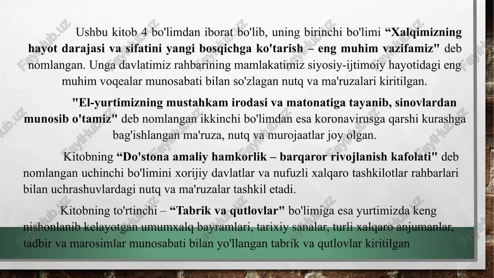 natlardan suvlar ichgan ildizim, jannat makonim mening, o‘zbekiston, jon ichra jonim mening, o‘zbekiston! samandarsan – olovlardan sog‘ chiqqan, buzrukvorsan – yetti o‘g‘li shoh chiqqan, alpomishsan – ko‘ksidan chaqmoq chiqqan, o‘lmas dostonim mening, o‘zbekiston, jon ichra jonim mening, o‘zbekiston! yalpiz atrin bilmas dehqon bo‘lgaymi? tinchlik qadrin bilmas o‘g‘lon bo‘lgaymi? yurtin sevmas odam inson bo‘lgaymi? nuri iymonim mening, o‘zbekiston, jon ichra jonim mening, o‘zbekiston! necha asr ko‘z yoshlarin yutgan el, sohibqiron qaytishini kutgan el, yurtboshini suyib, boshda tutgan el, o‘zbekistonim mening, o‘zbekiston, jon ichra jonim mening, o‘zbekiston! jonajon o‘zbekistonim, mangu bo‘l omon! image1.png image5.png image6.png image7.png image8.png image9.png image10.jpg image11.png image12.jpg image13.png image14.png image15.png image16.jpg image25.jpg image26.jpg image27.jpg image28.jpg image17.jpg image18.jpg image19.jpg image20.jpg image21.jpg image22.jpg image23.jpg image24.jpg image29.jpg image30.jpg image31.jpg image32.jpg image33.png image34.png image35.png image36.png image37.png image38.jpg image39.png image40.png image41.png image42.png image43.png image44.png image45.png image46.png image47.jpg image48.jpg image49.jpg image50.jpg image51.jpg image52.jpg image53.jpg image54.jpg image55.png image56.png image57.jpg image58.png image59.png image60.png image61.png image62.png image63.png …