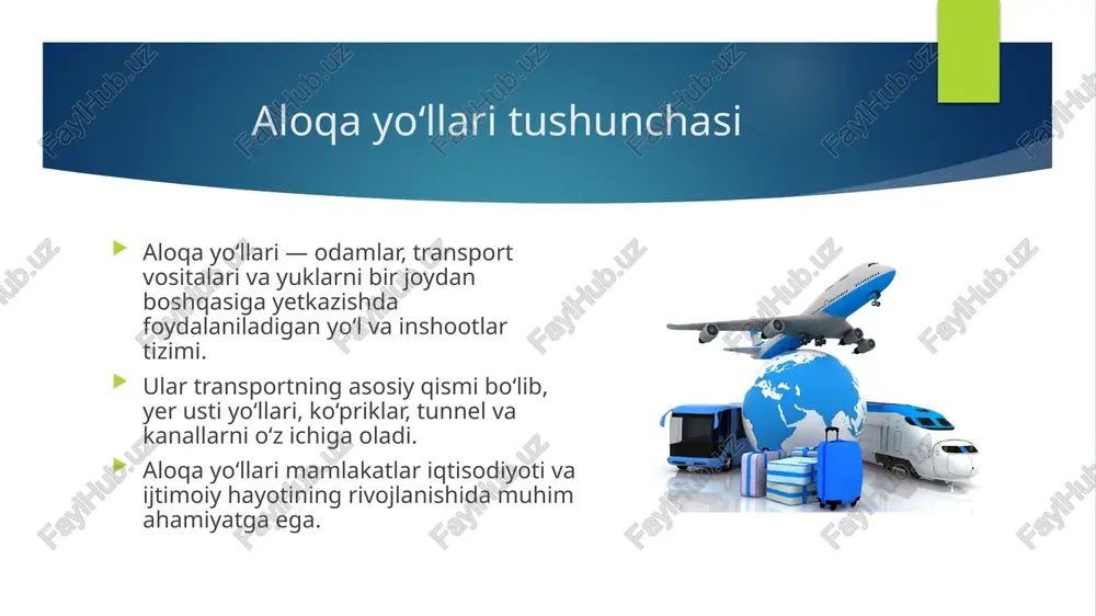ni oshiradi va inson omilini kamaytiradi. innovatsion materiallar va nanoteknologiyalar yo‘llarning bardoshliligini va xizmat muddatini uzaytiradi. xulosa aloqa yo‘llari insoniyat taraqqiyotining asosiy omillaridan biri bo‘lib kelgan. tarix davomida ular tabiatdagi oddiy yo‘laklardan tortib, zamonaviy avtomatlashtirilgan va aqlli yo‘l tizimlariga qadar rivojlandi. qadimgi rim yo‘llaridan tortib sanoat inqilobi davrida paydo bo‘lgan temir yo‘llar, va xx asrdagi avtomobil yo‘llarigacha bo‘lgan jarayonlar transport va iqtisodiyotning o‘sishida hal qiluvchi ahamiyatga ega bo‘ldi. kelajakda esa ekologik toza va aqlli texnologiyalar yo‘l qurilishining yangi bosqichiga olib chiqadi. shu bilan birga, aloqa yo‘llari mamlakatlar va xalqlar o‘rtasida hamkorlik va taraqqiyotning muhim vositasidir. foydalanilgan adabiyotlar abdullayev, m. “yo‘l qurilishi asoslari”. toshkent, 2015. karimov, s. “transport va yo‘l infratuzilmasi tarixi”. toshkent, 2018. rasulov, b. “sanoat inqilobi va transport rivojlanishi”. toshkent, 2017. smith, j. “history of roads and highways”. new york, 2012. johnson, r. “the development of railways”. london, 2010. mirzaev, t. “zamonaviy yo‘l qurilishi texnologiyalari”. toshkent, 2020. “transport infratuzilmasi …