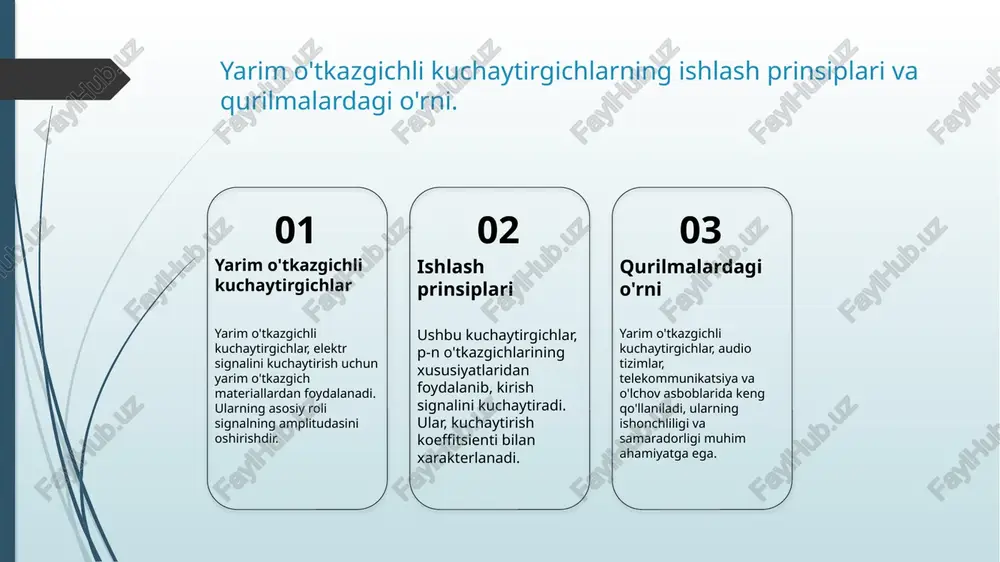 orlashtirishda muhim rol o'ynaydi, elektron qurilmalarni himoya qiladi va samaradorlikni oshiradi. stabilizatorlar qurilmalarning uzluksiz ishlashini ta'minlab, energiya yo'qotishlarini kamaytiradi va tizimning umumiy ishonchliligini oshiradi. stabilizatorlar ko'plab sohalarda, jumladan, uy elektronikasida, sanoatda va energiya ta'minotida keng qo'llaniladi, samarali energiya boshqaruvi uchun zarur. stabilizatorlar: virtual laboratoriya amaliyoti orqali o’rganish. 1 stabilizatorlar turlari stabilizatorlar asosan ikki turga bo'linadi: kuchlanish stabilizatorlari va oqim stabilizatorlari. ular energiya ta'minotida muhim rol o'ynaydi. 2 virtual labaratoriya virtual laboratoriyalarda stabilizatorlarning ishlash prinsiplarini sinab ko'rish imkoniyatlari mavjud. bu amaliyot talabalarga nazariy bilimlarni mustahkamlashga yordam beradi. 3 amaliy qo'llanilishi stabilizatorlar turli sohalarda, masalan, elektronika va energiya ta'minotida keng qo'llaniladi. ular tizimlarning barqarorligini ta'minlaydi. invertorlarning asosiy ishlash prinsiplari va turlari. 01 invertorlarning turlari invertorlar asosan uchta turga bo'linadi: dc-dc, dc-ac va ac-ac. har bir turi o'ziga xos ishlash prinsiplari va qo'llanilishi bilan ajralib turadi. 02 dc-ac invertorlar dc-ac invertorlar, ya'ni aylana tok invertorlari, to'g'ridan-to'g'ri tokni aylana tokga aylantiradi. ular fotovoltaik tizimlar …