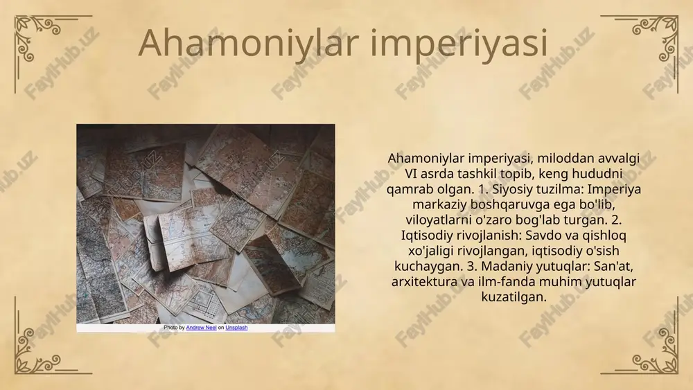 ng roli ahamoniylar davrida ijtimoiy tengsizlik va adolatsizlik muammolari keng tarqalgan edi. bu omillar milliy ozodlik harakatlarini kuchaytirgan, odamlarni birlashishga va adolat uchun kurashishga undagan. ijtimoiy qatlamlar o'rtasidagi farqlar, iqtisodiy resurslarga bo'lgan noteng taqsimot, katta ijtimoiy muammolarni keltirib chiqardi. ijtimoiy harakatlar, ayniqsa, adolatsizlikka qarshi turish uchun tashkil etilgan edi. bu harakatlar ko'pincha ko'cha namoyishlari, mitinglar va boshqa ijtimoiy tadbirlar ko'rinishida namoyon bo'ldi. odamlar o'z huquqlari va erkinliklari uchun kurashishga tayyor bo'lib, ijtimoiy birlikni mustahkamlashga yordam berdi. shuningdek, ijtimoiy harakatlar jamoatchilikning qo'llab-quvvatlashi bilan yanada kuchayib bordi. jamiyatdagi turli qatlamlar o'zaro hamkorlik qilib, adolat va tenglik uchun birgalikda kurashdilar. madaniy omillar va milliy o'zlik photo by uta scholl on unsplash milliy ozodlik harakatlarining natijalari: harakatlarning muvaffaqiyatlari va muvaffaqiyatsizliklari: milliy ozodlik harakatlari, ko'plab muvaffaqiyatlarga erishgan bo'lsa-da, ba'zi hollarda muvaffaqiyatsizlikka uchradi. ba'zi harakatlar o'z maqsadlariga yetishib, xalqni birlashtirishga muvaffaq bo'ldi, boshqalari esa siyosiy va iqtisodiy to'siqlar sababli o'z maqsadlariga erisha olmadilar. milliy o'zlikni qayta …