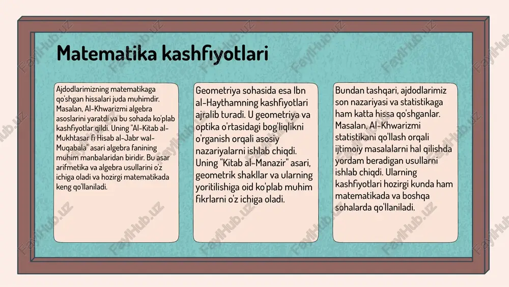 tanilishi uchun ularning hissalari, ayniqsa, o'zbek tilida yaratgan asarlari orqali davom etmoqda. buyuk oʻzbek matematiklari oʻzbek matematiklarining eng mashhurlari orasida al-xorazmiy alohida o'rin tutadi. u algebra sohasida muhim asarlarni yaratgan. al-xorazmiy "al-kitob al-mukhtasar fi hisab al-jabr wal-muqabala" nomli asari orqali algebra fanini rivojlantirgan va matematik formulalarni yaratishda asosiy ahamiyatga ega bo'lgan. uning ishlari hamda matematik usullari hozirgi kungacha o'qitiladi va o'rganiladi. bundan tashqari, al-farg‘oniy va mirzo ulug‘bek ham oʻzbek matematiklarining ulkan vakillaridir. al-farg‘oniy astronomiya va matematika sohalarida bir qancha muhim asarlar yaratgan. mirzo ulug‘bek esa o'z davrining eng mashhur astronomi bo'lib, "zij-i ilkhoniy" asarida o'zining matematik va astronomik bilimlarini namoyish etgan. bu matematiklar nafaqat o'zbekistonda, balki butun dunyoda tan olingan shaxslar hisoblanadi. matematika faniga qoʻshgan hissalari oʻzbek matematiklari, jumladan, muhammad al-xorazmiy va abu rayhon beruniy, matematikaga katta hissa qoʻshgan. muhammad al-xorazmiy algebra va raqamlar tizimini rivojlantirgan, shuningdek, algoritm tushunchasini kiritgan. abu rayhon beruniy esa geodeziya va astronomiya sohalarida muhim nazariyalar …