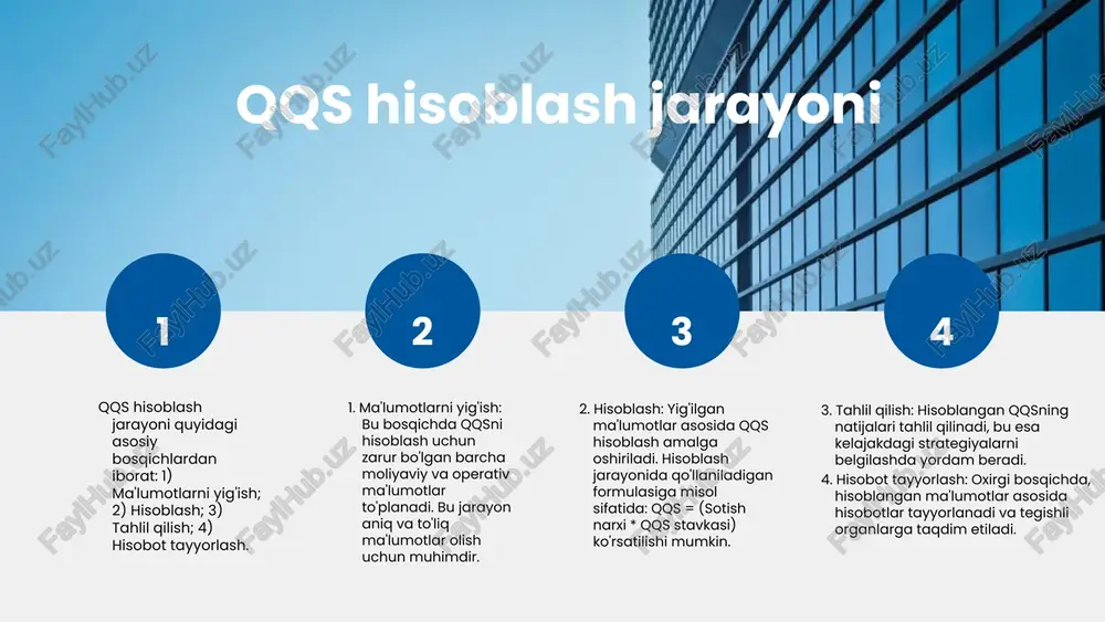 iya uchun qqs taqsimotini diqqat bilan rejalashtirish zarur. hisobni tashkil etish usullari qqs hisoblash jarayoni to'g'ri tashkil etish uchun bir qator metodlar va strategiyalar muhim ahamiyatga ega. 1. usulni aniqlash: maqsadlarni aniqlash, qqsni hisoblashda zarur usullarni tanlash va ularni qo'llash uchun kerakli resurslarni belgilash. 2. tahlil: qqs hisoblash uchun ma'lumotlarni yig'ish, ularni tahlil qilish va natijalarni baholash jarayonini o'z ichiga oladi. 3. implementatsiya: tanlangan usullarni amalda qo'llash, natijalarni kuzatish va kerakli o'zgarishlarni kiritish, shuningdek, 4. nazorat: hisobni nazorat qilish va natijalarni baholash, muammolarni aniqlash va yechimlarni taklif etish. 1 2 3 4 asosiy strategiyalar 1. strategiyaning mohiyati: qqs hisobini tashkil etish strategiyalari, maqsadli natijalarga erishish uchun rejalashtirilgan harakatlar majmuini ifodalaydi. 2. maqsadlar: qqs hisobini tashkil etish jarayonida aniq maqsadlarni belgilash zarur, masalan, hisob-sotqalar shaffofligini ta'minlash va soliq to'lovlarini optimallashtirish. 3. resurslar: ushbu jarayonda zarur resurslar, jumladan, texnologik vositalar, malakali xodimlar va moliyaviy manbalar muhim ahamiyatga ega. 4. nazorat mexanizmlari: hisobni …