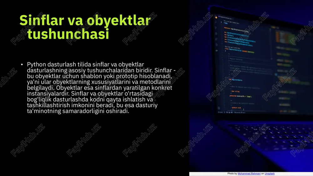 r va metodlar aniqlanadi. obyekt yaratish uchun klass nomidan foydalanib, yangi nushani yaratish mumkin. misol uchun, 'class avto:' deb klassni e'lon qilgandan so'ng, 'mashina = avto()' deb obyekt yaratiladi. obyektlar va klasslardan qanday foydalanish obyektlar va klasslar dasturlashda qulaylik yaratadi. ular kodni tashkil etish, qayta foydalanish va tushunishni osonlashtiradi. masalan, agar 'avto' klassiga 'tezlik' va 'rang' atributlarini qo'shsangiz, har bir 'mashina' obyektida o'ziga xos tezlik va rang qiymatlari bo'ladi. bu obyektlar yordamida dasturlash jarayonini ancha samarali olib borish mumkin. obyektlarning atributlari python dasturlash tilida obyektlar atributlar orqali o'z xususiyatlarini saqlaydi. atributlar, obyektning holatini belgilovchi o'zgaruvchilar sifatida aniqlanadi. masalan, 'avtomobil' obyektida 'rang', 'model', yoki 'yil' kabi atributlar bo'lishi mumkin. ushbu atributlar obyekt yaratishda yoki uning xususiyatlarini o'zgartirishda ishlatiladi. metodlar va ulardan foydalanish obyektlar metodlar yordamida o'z funksiyalarini bajaradi. metodlar, obyektlar bilan bog'liq bo'lgan vazifalarni bajarish uchun mo'ljallangan funksiyalardir. misol uchun, 'avtomobil' obyektida 'harakatlan' yoki 'to'xtash' kabi metodlar bo'lishi mumkin. ushbu metodlar …