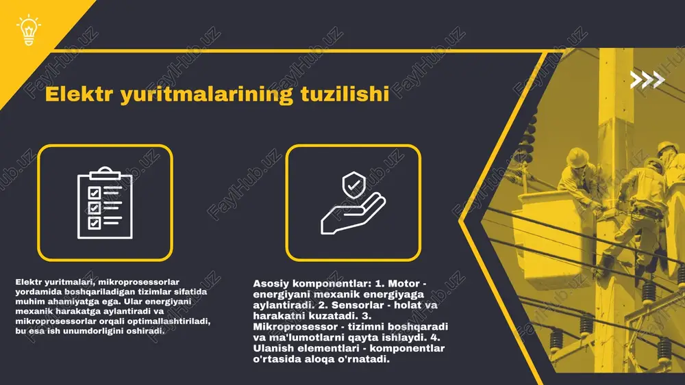 ar yordamida elektr motorlarining tezligini va momentini aniq boshqarish mumkin. bunday boshqaruv tizimlari orqali energiya iste'molini kamaytirish va ishlash samaradorligini oshirish mumkin. statistik ma'lumotlarga ko'ra, mikroprosessorlar yordamida boshqariladigan elektr yuritmalari 30% gacha energiya tejash imkonini beradi. texnologik taraqqiyot elektr yuritmalarida yangi imkoniyatlarni ochmoqda. masalan, mikroprosessorlar yordamida real vaqt rejimida monitoring qilish va boshqarish, shuningdek, uzatishdagi yo'qotishlarni kamaytirish imkoniyatlari mavjud. bu esa sanoat va transport sohalarida samaradorlikni oshirishga olib kelmoqda. mikroprosessorlar texnologik taraqqiyotning ajralmas qismi bo'lib, ular elektr yuritmalarini boshqarishda inqilobiy o'zgarishlarni amalga oshirmoqda. ushbu vositalar yordamida murakkab algoritmlar ishlab chiqilishi, energiya samaradorligini oshirish va avtomatlashtirilgan tizimlar yaratish imkoniyati paydo bo'ldi. mikroprosessor boshqaruvidagi elektr yuritmalari o'zgarishlar va yangi imkoniyatlar mikroprosessorlarning afzalliklari mikroprosessorlar elektr yuritmalarida innovatsion xususiyatlarga ega, bu ularni juda samarali va iqtisodiy jihatdan foydali qiladi. ularning yuqori darajadagi avtomatlashtirish imkoniyatlari, dasturiy ta'minot orqali moslashuvchanlik, va ish jarayonlarini optimallashtirish imkoniyatlari, mikroprosessorlarning afzalliklaridan biridir. samaradorlik jihatidan, mikroprosessorlar quvvatni tejash imkonini beradi va …