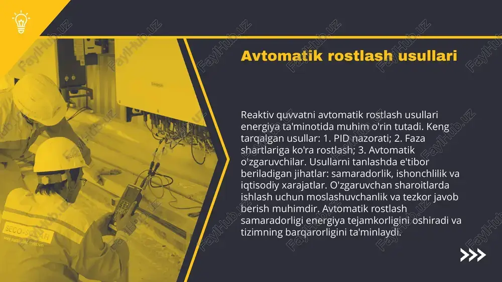 zali transformatorlar yuqori samaradorlikka ega bo'lib, energiya yo'qotishlarini minimallashtiradi. bu turdagi transformatorlar energiya samaradorligini oshirish va ish jarayonlarini yaxshilashga yordam beradi, shuningdek, energiya ta'minotini barqarorlaydi. reaktiv quvvatni boshqarishda innovatsiyalar 1. reaktiv quvvatni boshqarishda yangi yondashuvlar: energiya samaradorligini oshirish va tizim barqarorligini ta'minlash uchun innovatsion strategiyalarni qo'llash. 2. qlchov tok transformatorlarida qo'llaniladigan innovatsion texnologiyalar: yuqori aniqlik va tezlikda ma'lumotlarni o'lchash imkonini beruvchi zamonaviy usullar. 3. kelajakda rivojlanish istiqbollari: yangi texnologiyalar va yondashuvlar orqali reaktiv quvvatni boshqarishni yanada takomillashtirish va energiya tizimlarini optimallashtirish. photo by joe holland on unsplash xulosa va takliflar 1. taqdimotda muhim jihatlar ko'rsatilgan: reaktiv quvvatni boshqarish, qlchov tok transformatorlarining samaradorligi va ularning kelajakdagi roli. 2. o'zgarishlar: transformator texnologiyalarini yangilash va avtomatik tizimlarni joriy etish. 3. takliflar: energiya samaradorligini oshirish, o'qitish va tajriba almashishni kuchaytirish. 4. qlchov tok transformatorlari energiya tizimlarida muhim ahamiyatga ega, ularni rivojlantirish kelajakda energiya samaradorligini oshirishda yordam beradi. photo by andrea de santis on unsplash …