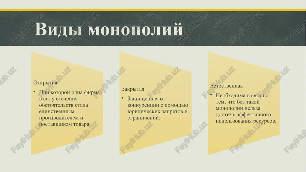 nopolistov; stimulirovanie razvitiya malogo i srednego biznesa; kontrol nad protsessami sozdaniya, reorganizatsii i likvidatsii xozyaystvuyushix sub'ektov; antimonopolnaya politika gosudarstva – eto ego deyatelnost, napravlennaya, vo 1-x, na ogranichenie vliyaniya na ekonomicheskie protsessi sushestvuyushix monopoliy, vo 2-x, na nedopushenie poyavleniya v ekonomike strani novix monopoliy; demonopolizatsiya demonopolizatsiya – eto gosudarstvennaya politika borbi so sverxmonopolizmom; osnovnie printsipi politiki demonopolizatsii: opredelenie zoni estestvennogo monopolizma i razrabotka metodov ego regulirovaniya; vsemernoe ukreplenie rinochnix struktur, poskolku, chem effektivnee rabotaet mexanizm rinka, tem slabee monopolizm; sinxronizatsiya (odnovremennoe osushestvlenie) protsessa demonopolizatsii i reformi upravleniya ekonomikoy; spasibo za vnimanie image2.jpeg image1.png /docprops/thumbnail.jpeg