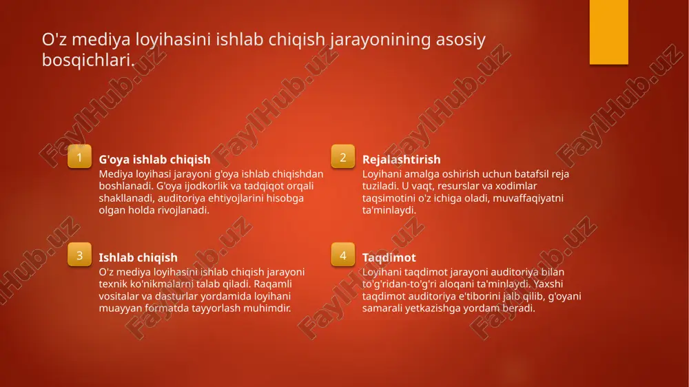 onida muhim rol o'ynaydi. bu jarayon kreativ fikrlashni rivojlantirishga yordam beradi. 2 g'oyalarni kengaytirish g'oyalarni kengaytirish uchun brainstorming metodlari, fikr almashish va guruh muhokamalari foydalaniladi. bu usullar ijodiy jarayonni qo'llab-quvvatlaydi va yangi imkoniyatlar ochadi. 3 eksperiment va tahlil eksperimentlar o'zgaruvchilarni sinovdan o'tkazish va natijalarni tahlil qilish imkonini beradi. bu jarayon ijodiy g'oyalarni rivojlantirishda muhim ahamiyatga ega. media loyihalarida g'oyalarni amalga oshirish: amaliy tajribalar va misollar. g'oyalarni aniqlash amaliy misollar natijalarni baholash media loyihalarida g'oyalarni aniqlash jarayoni, dastlabki tadqiqotlar va fikr almashish orqali boshlanadi, bu esa ijodiy jarayonni rag'batlantiradi. misol sifatida, "o'zbekiston yoshlar telekanali" dasturlari innovatsion g'oyalarni amalga oshirishda muvaffaqiyatli tajribalarni ko'rsatadi, bu esa yoshlarni jalb qiladi. loyihalar yakunida natijalarni baholash muhimdir, bu jarayonda olingan saboqlar kelajakda yanada muvaffaqiyatli loyihalarni yaratishga yordam beradi. g'oyalarni baholash: tanqidiy fikrlash va tahlil qilish jarayoni. 01 g'oyalarni tahlil qilish g'oyalarni tahlil qilish jarayoni, ularning kuchli va zaif tomonlarini aniqlashni o'z ichiga oladi, bu esa muvaffaqiyatli …
